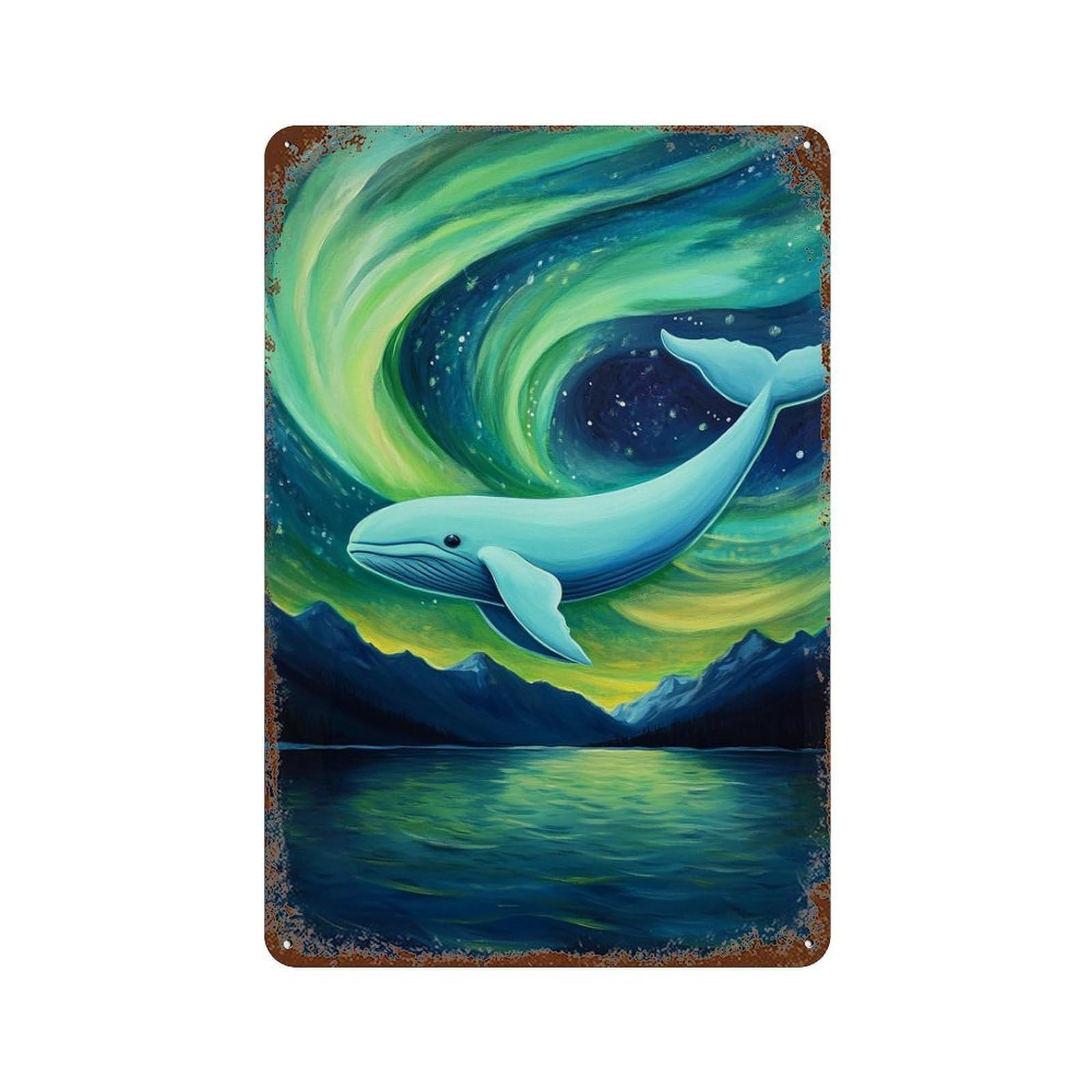 Whale Watching Aurora Borealis Weathered Tin Sign 11.8"x7.9", Ideal for Patio, Garden Room And Bar Decor