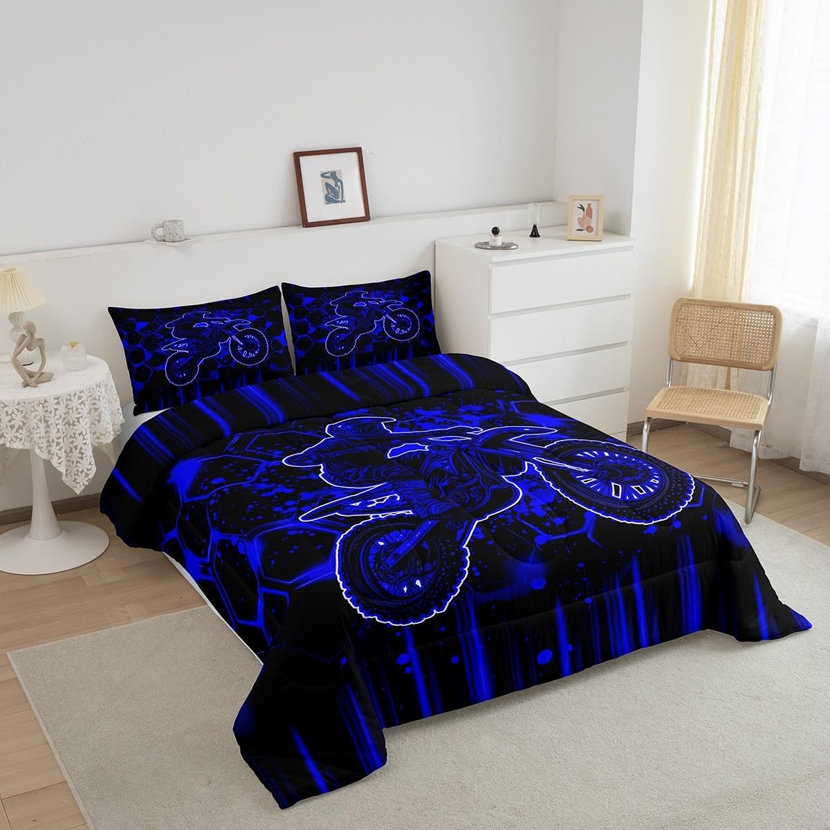 Feelyou Kids Dirt Bike Comforter Set,Boys Racing Motocross Rider Bedding Set Twin Size,Blue Black Honeycomb Motorcycle Comforter,Extreme Sports Bed Set for Boys Girls Room Decor