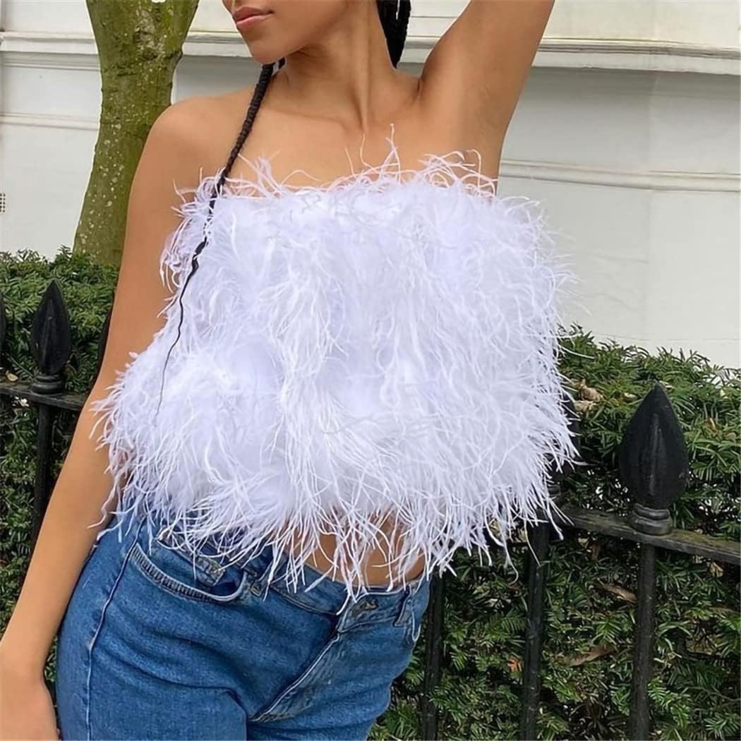 Women Spring Winter Ostrich Tops Natural Turkey Feather Long Hair Lady Fluffy Wrap Bra