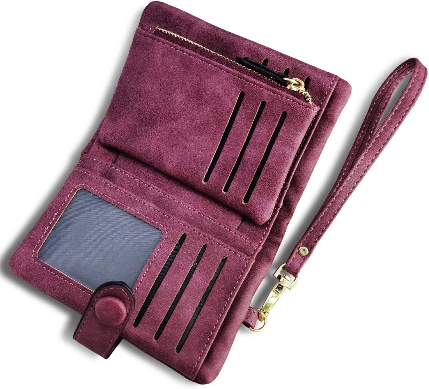 Women's Small Bifold Leather wallet Rfid blocking Ladies Wristlet with Card holder id window Coin Purse