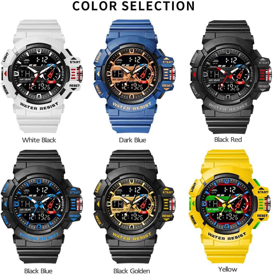 CARLIEN Men's Sports Military Watch Dual Display Ultra Thin Stainless Steel Clock with Energy Display