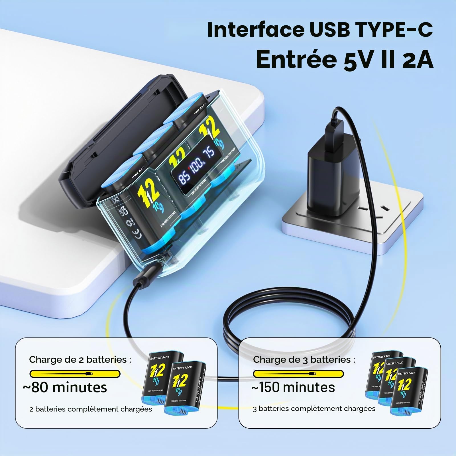 Lot de 3 Batteries Hero 12 avec Chargeur pour Go-Pro Hero 12/11/10/9 Black, Chargeur de Batterie 3 canaux avec écran LCD, Fente pour Carte TF, Convient à Basse température, Chargeur
