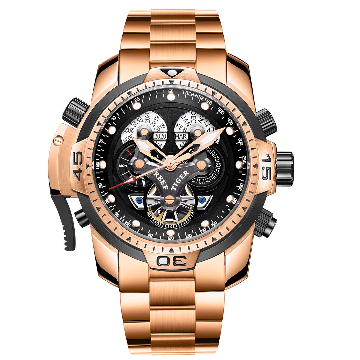 Reef TigerDesigner Sport Mens Watch Rose Gold Date Day Complicated Mechanical Bracelet Watch RGA3503