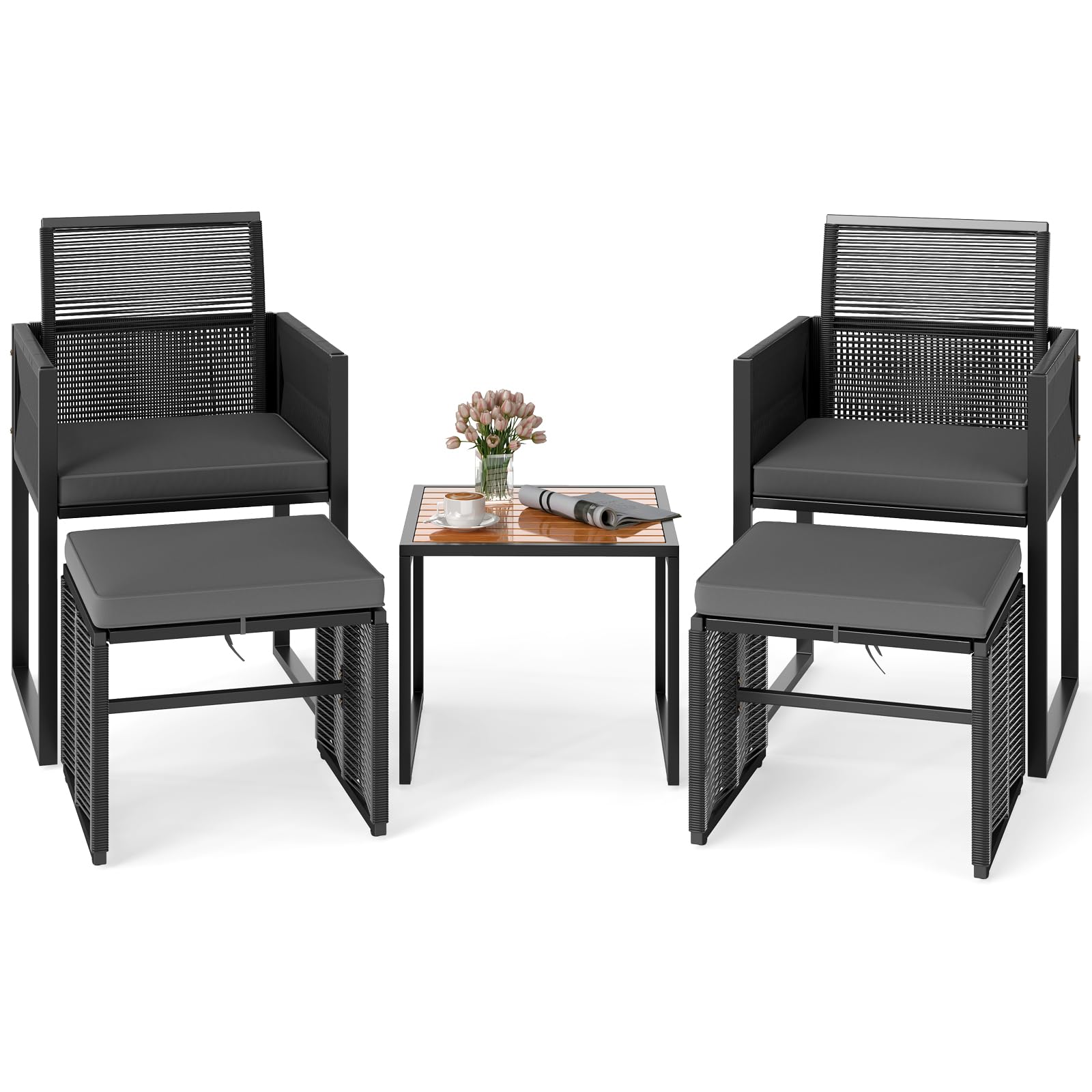 COSTWAY 5 Pezzi Set da Esterno in Rattan PE con Cuscini | Set Mobili da Giardino con Sedie Poggiapiedi e Tavolino da Caffè, Poltrone Lounge Salvaspazio per Balcone, Piscina e Cortile