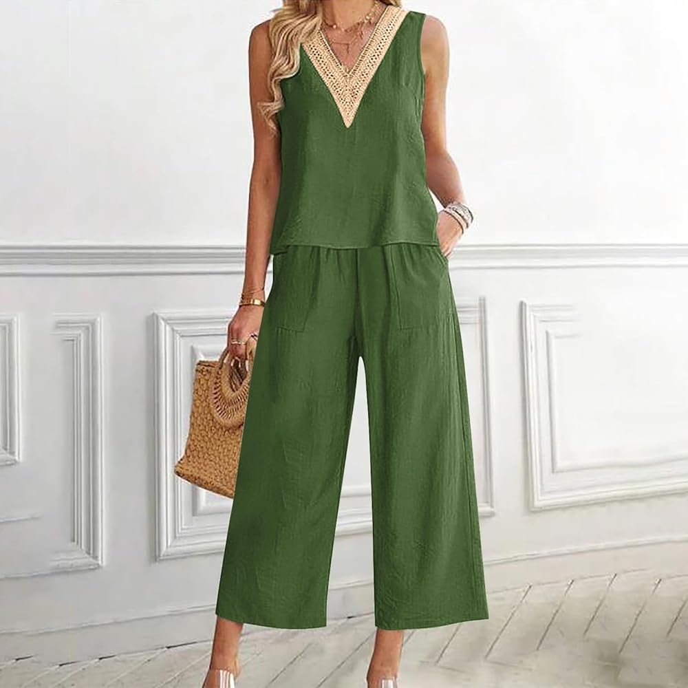 Amazon.com: 2 Piece Summer Sets For Women Cotton Linen Beach Vacation  Outfits 2024 v Neck Crop Top Wide Leg Capri Pants Set : Clothing, Shoes \u0026  ...