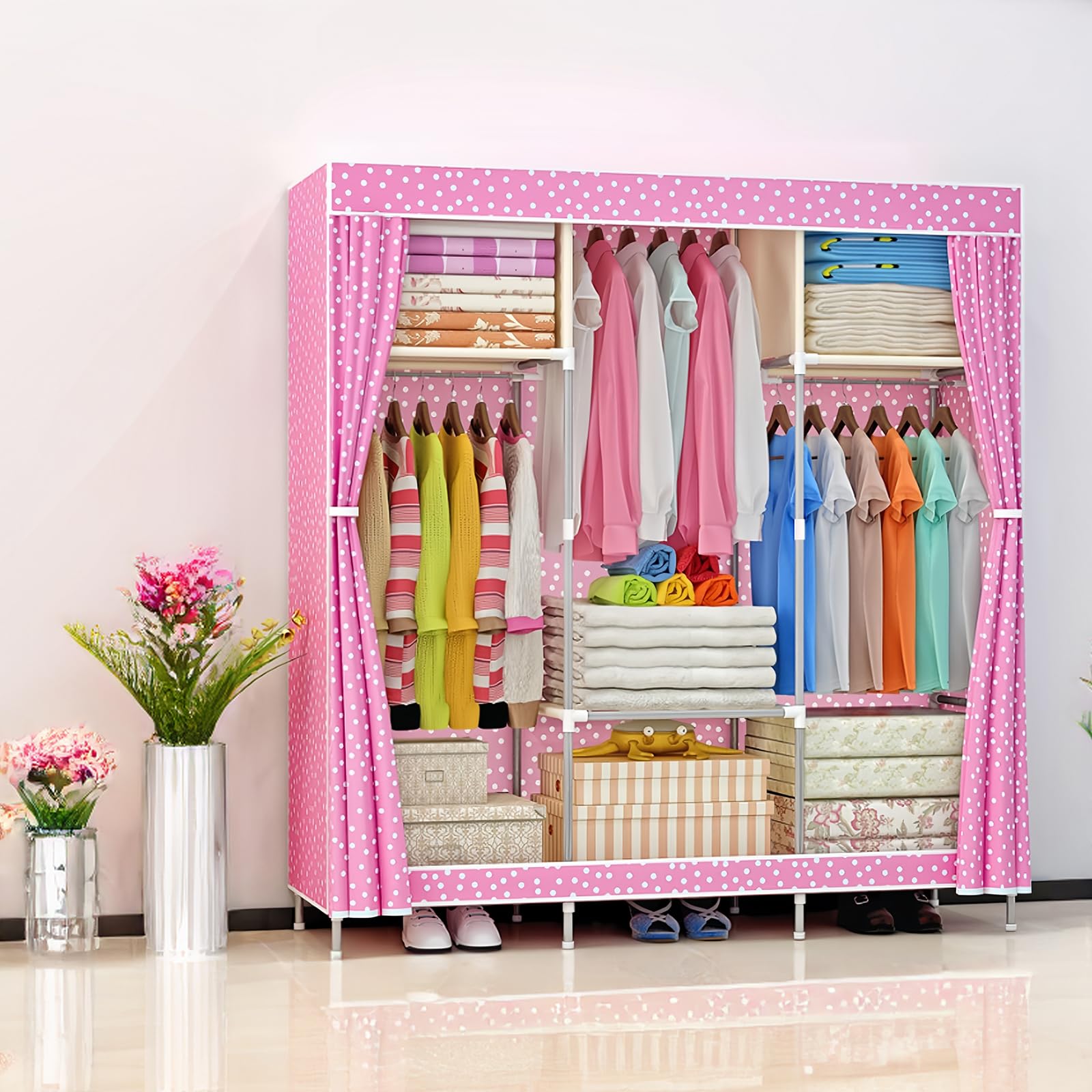 Armario Armario de Lona Armario de Tela Armario de Ropa Plegable Organizador de Almacenamiento con Riel para Colgar,Estantes de Armario para Dormitorio,Rosado-105x46x156cm