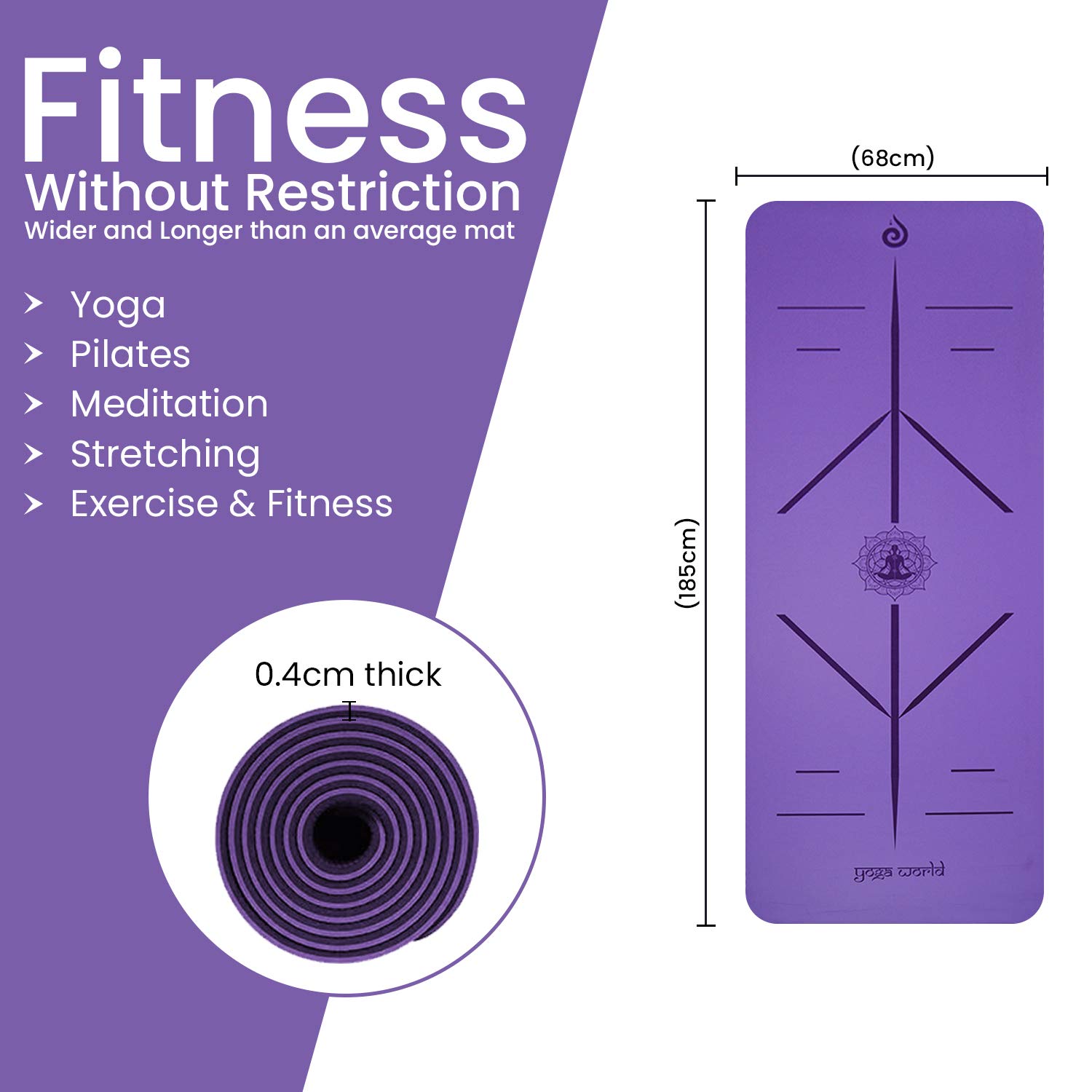 Yoga World Esterilla de yoga para alineación – Parte inferior de goma TPE antideslizante y antideslizante, suave, gruesa y duradera, para pilates y entrenamiento en casa, cojín ecológico biodegradable