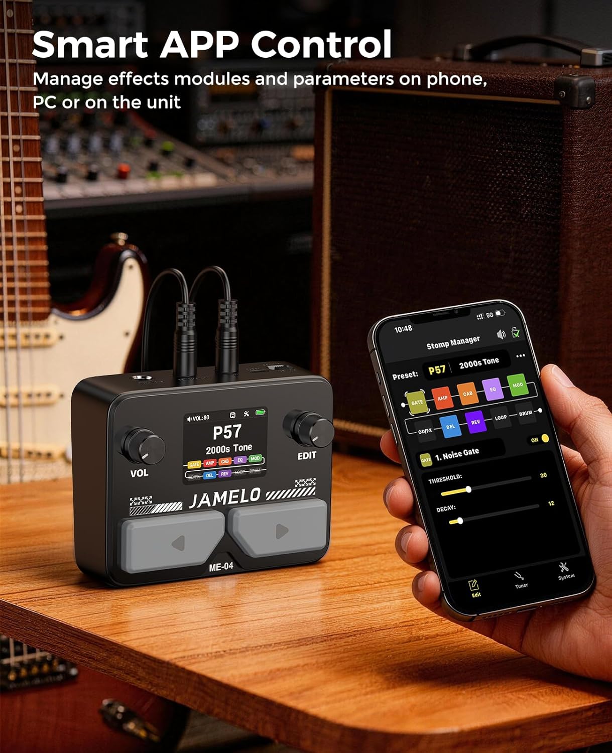 JAMELO Pocket Guitar Multi Effects Pedal, with 125 Effects, 99 Presets, 30 Amp Modeling, IR Loaders, Looper 100 Drum Rhythms BT Audio USB OTG Support Rechargeable Guitar Effects Processor (Black)