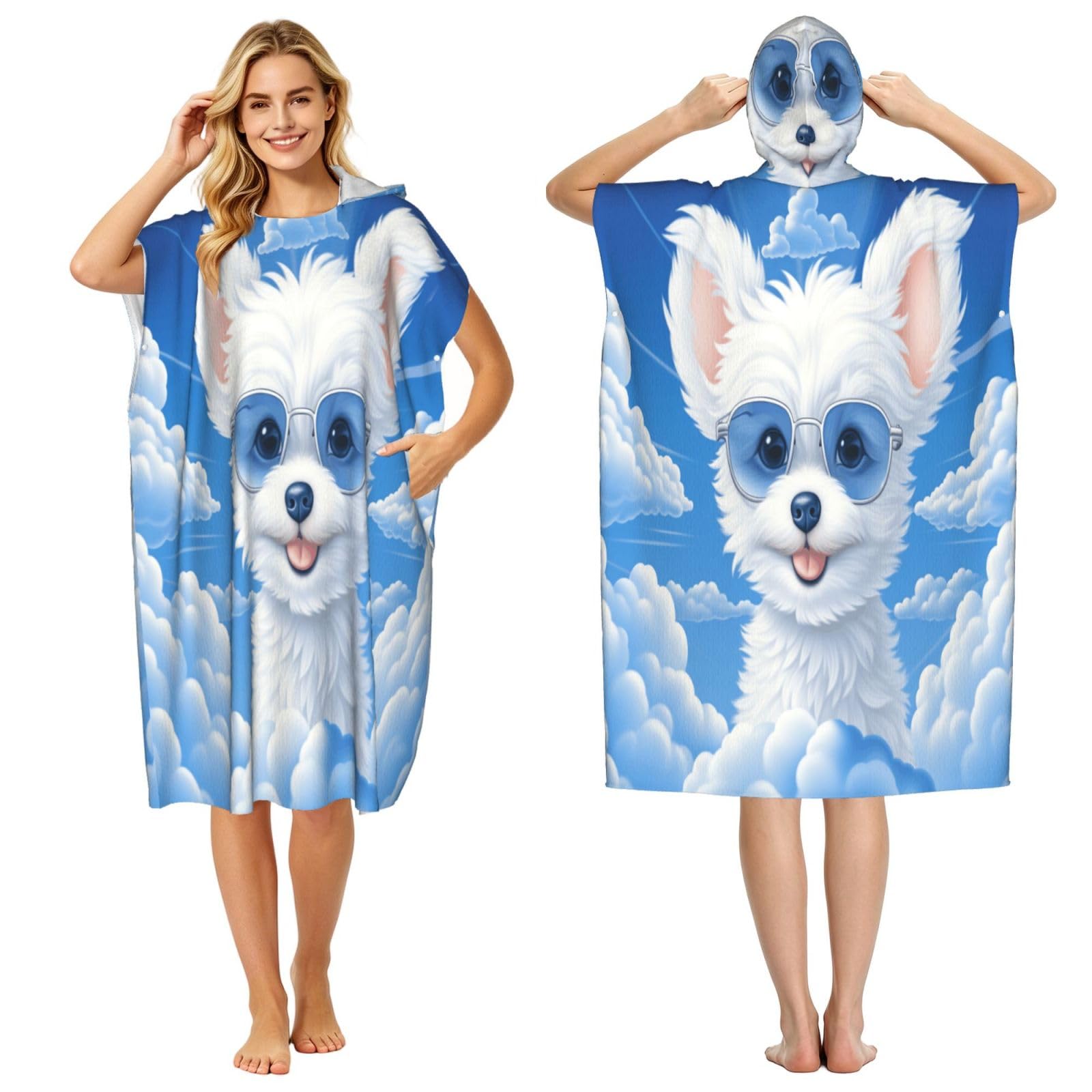 DTHKJNLSF Puppy With Glasses In The Sky Adult Hooded Beach Poncho Towel