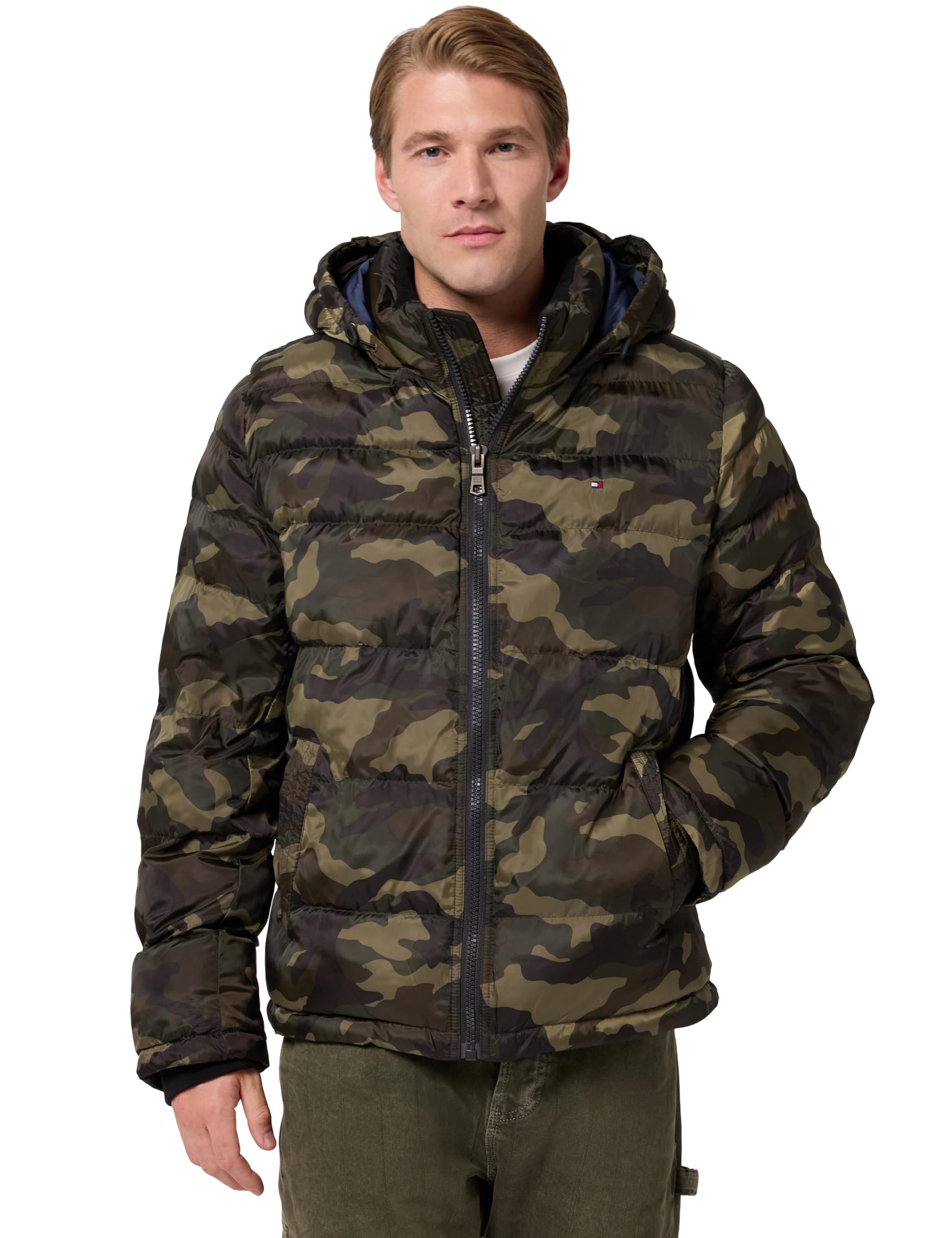 Tommy Hilfiger Men's Olive Camouflage Hooded Puffer Jacket Down Alternative Coat, Xxl