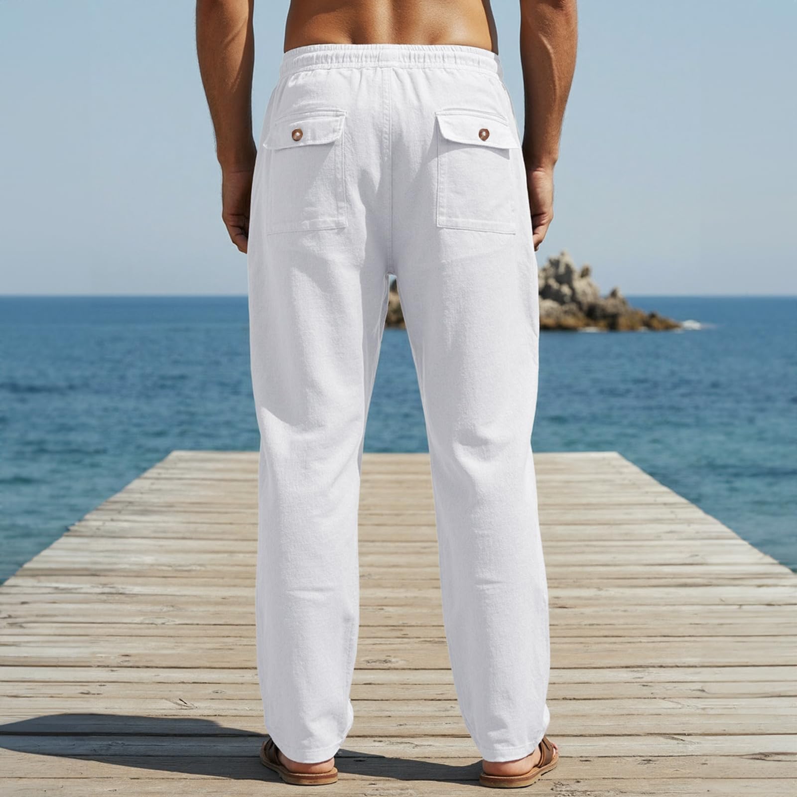 Pantalon Lin Homme Été Léger Casual avec Cordon de Serrage | Pantalons de Plage Yoga Pantalons Décontracté Coupe Droite Taille Elastique pour Les Vacances à La Plage