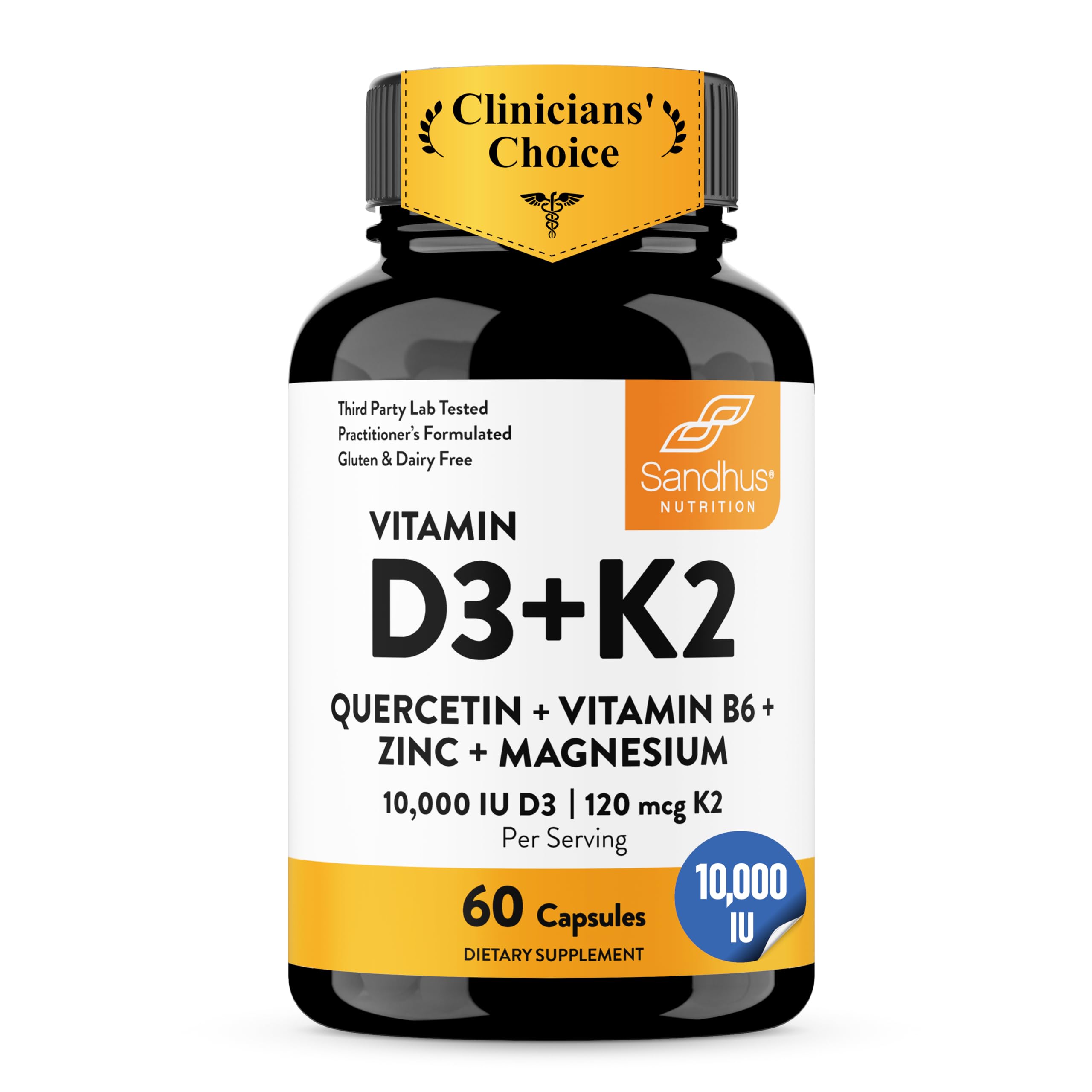 Vitamin D3 K2 10000 IU 120mcg Magnesium Zinc B6 Quercetin Capsules 60 Ct
