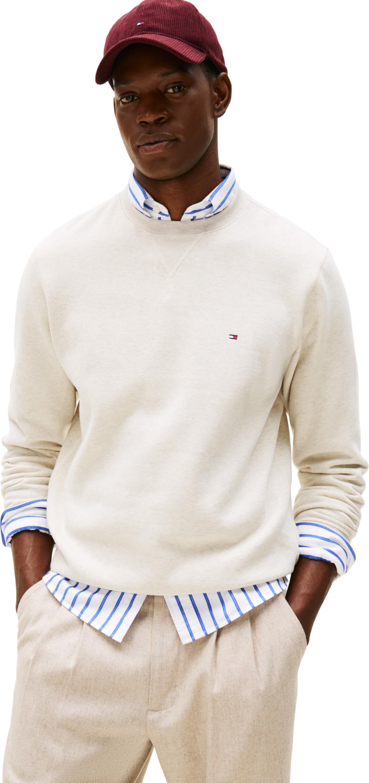 Tommy Hilfiger Men’s Seasonal Fleece Round Neck Sweatshirt, Beige (Heathered Oatmilk), M