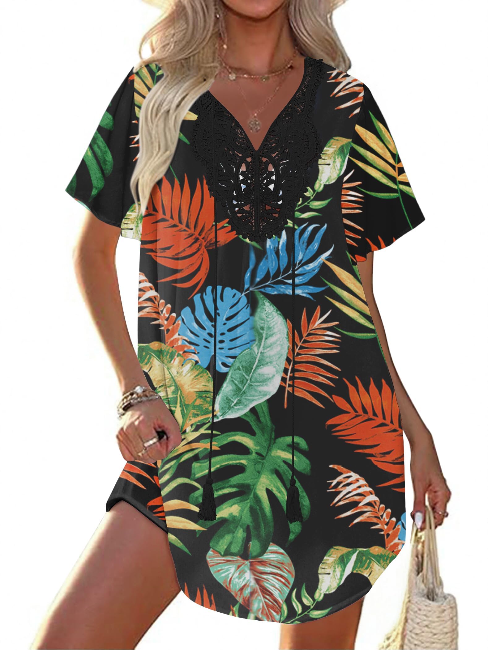 Ekouaer Damen Strandkleid Spitze Strandtunika V Ausschnitt Kurz Sommer Strandponcho Bikini Cover Up S-XXL