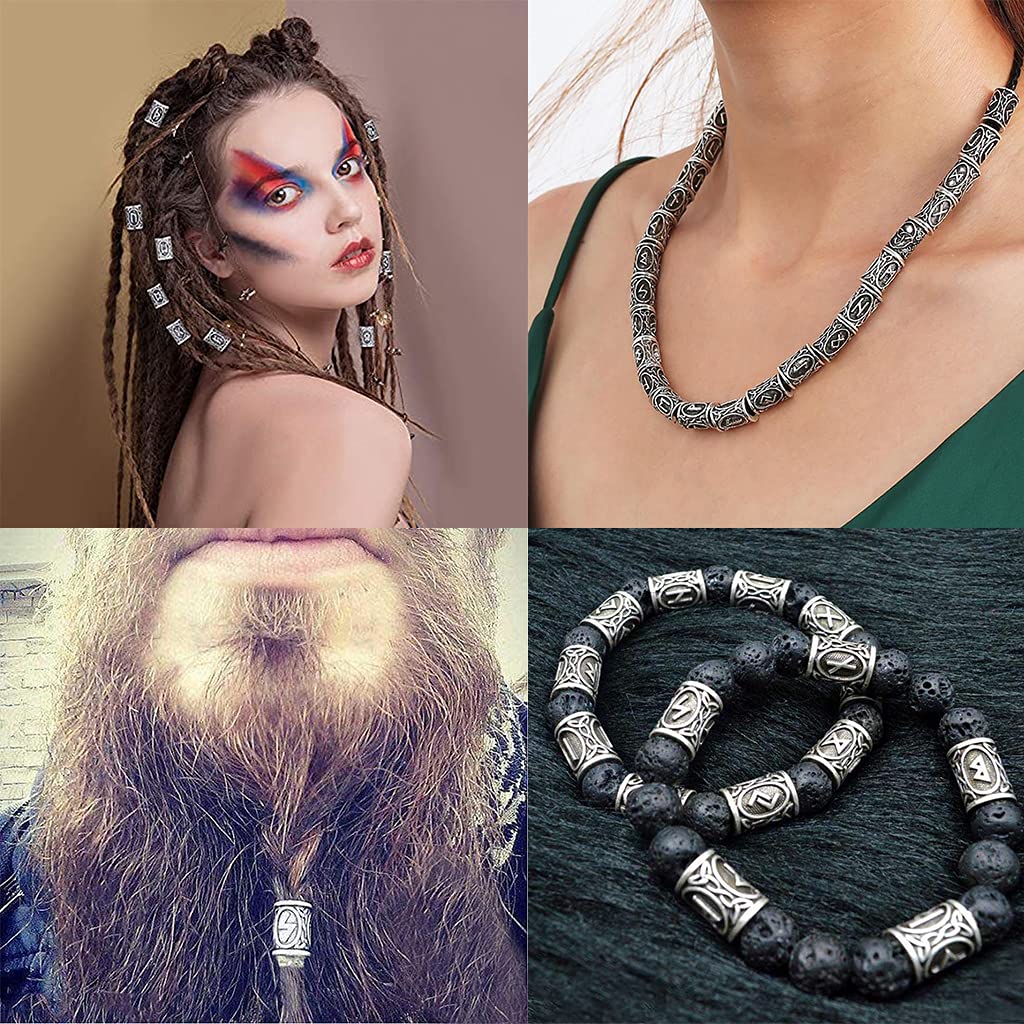 YABEME 24 Piezas Cuentas Runas Vikingas Acero Inoxidable - Cuentas Barba Pelo, para Trenzar Bricolaje Pulsera Collar Colgante, Nórdico Escandinavo para Hombres Mujeres Símbolos de Amuleto