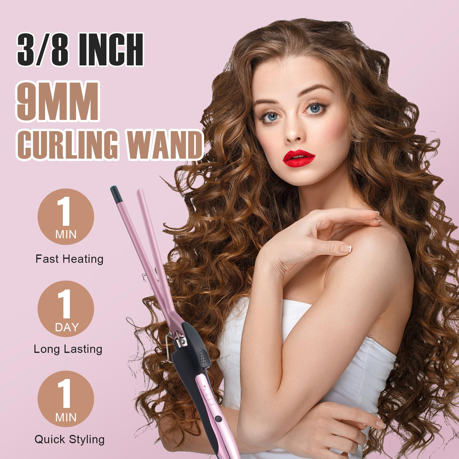 Ficzcfy Small Curling Iron 3/8 Inch Barrel, Thin Curling Wand for Short & Long Hair, 9mm Curling Iron Tourmaline Ceramic Barrel Small Tongs with Adjustable Temperature