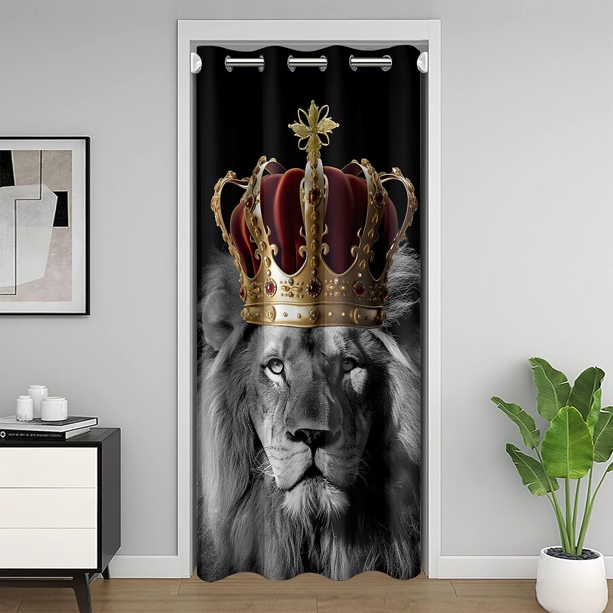 richhome Lion Crown Door Curtain Gray Wild Jungle Animal Decor Doorway Curtain Privacy for Kids Teens Adults Red Gold Jewel Modern Fashion Door Drape for Bedroom Closet Door 34" W X 80" L