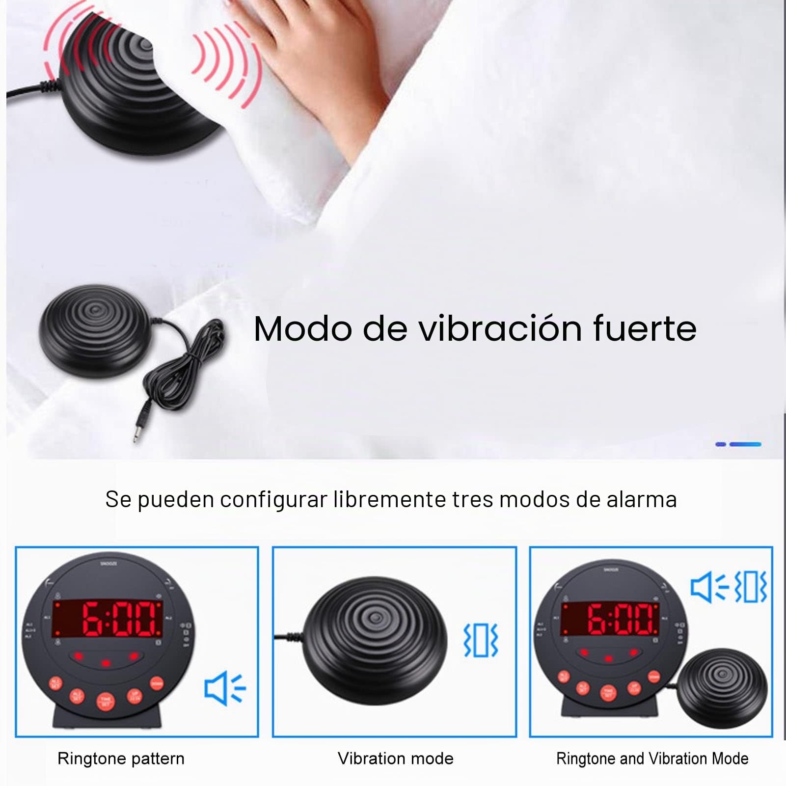 Reloj Despertador con Vibración Extra Fuerte de 110 DB Reloj Despertador con Luz de Alarma Roja Reloj Digital con Pantalla Grande para Personas Sordas con Problemas de Audición