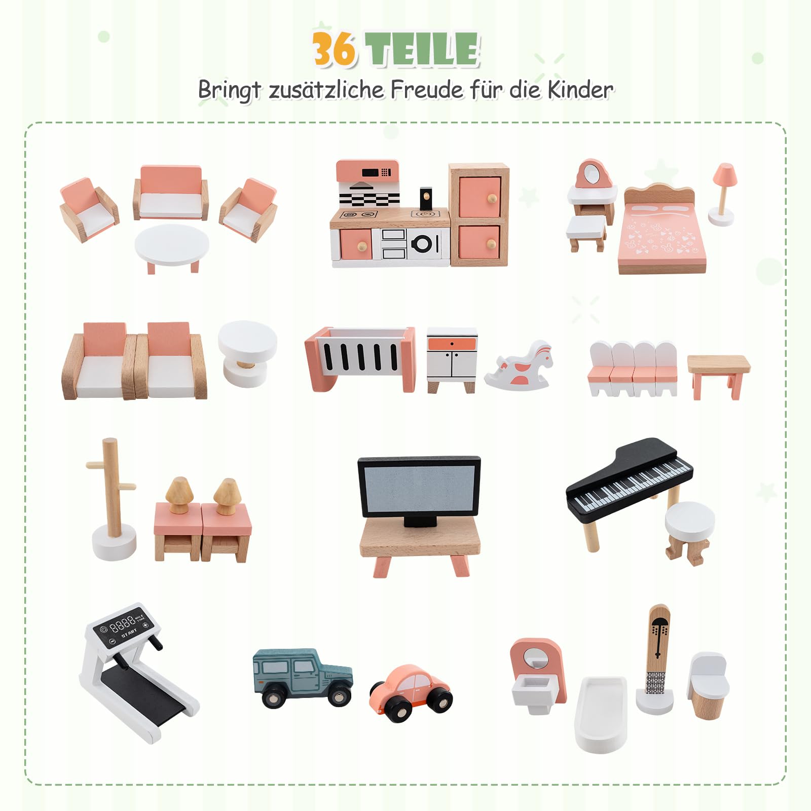 GOPLUS Puppenhaus aus Holz, Dollhouse mit 36-teiligem Zubehör, Traumhaus mit 6 Zimmern, eingebauten Treppen & Balkonen & Garage mit 2 Spielzeugautos für Mädchen ab 3 Jahren (Model 1)