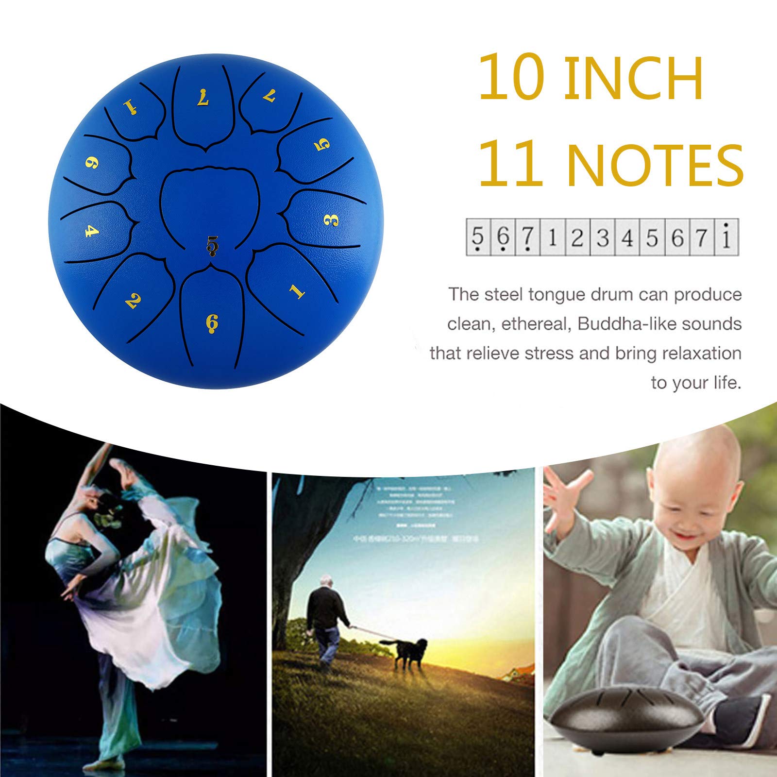 Stalowy bęben językowy, 11 notatek 10 cali Handpan bębny Instrument perkusyjny z wyściełaną torbą podróżną, młotki, naklejki na notatki, książka muzyczna, dla początkujących, niebieski