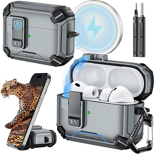 Miniatura 9 de Inesore Compatible con funda AirPods 4 con soporte para teléfono y kit de limpieza, Compatible con Magsafe, cerradura magnética automática