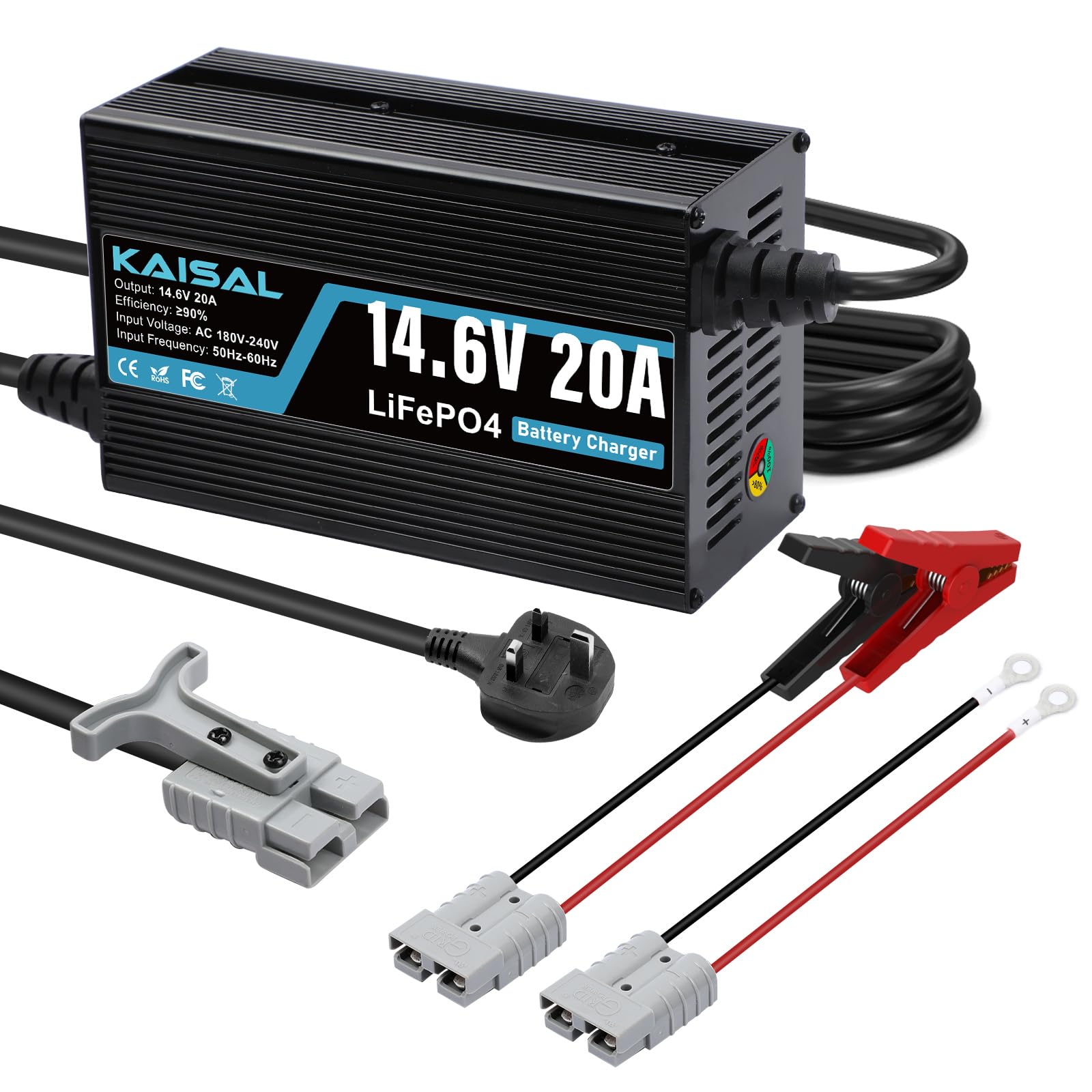KAISAL Ładowarka do baterii litowej 14,6 V 20 A, 12 V LifePO4 ładowarka do akumulatorów litowo-żelazowo-fosforanowych 12 V/12,8 V, ładowarka LifePO4 12 V do kampera, łodzi, kampera, solarnego