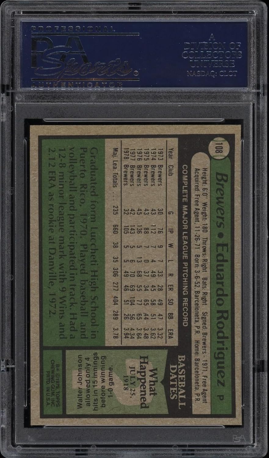 1979 Topps #108 Eduardo Rodriguez - Brewers - PSA 10-20045668 - Baseball Card - Slabbed Baseball Cards