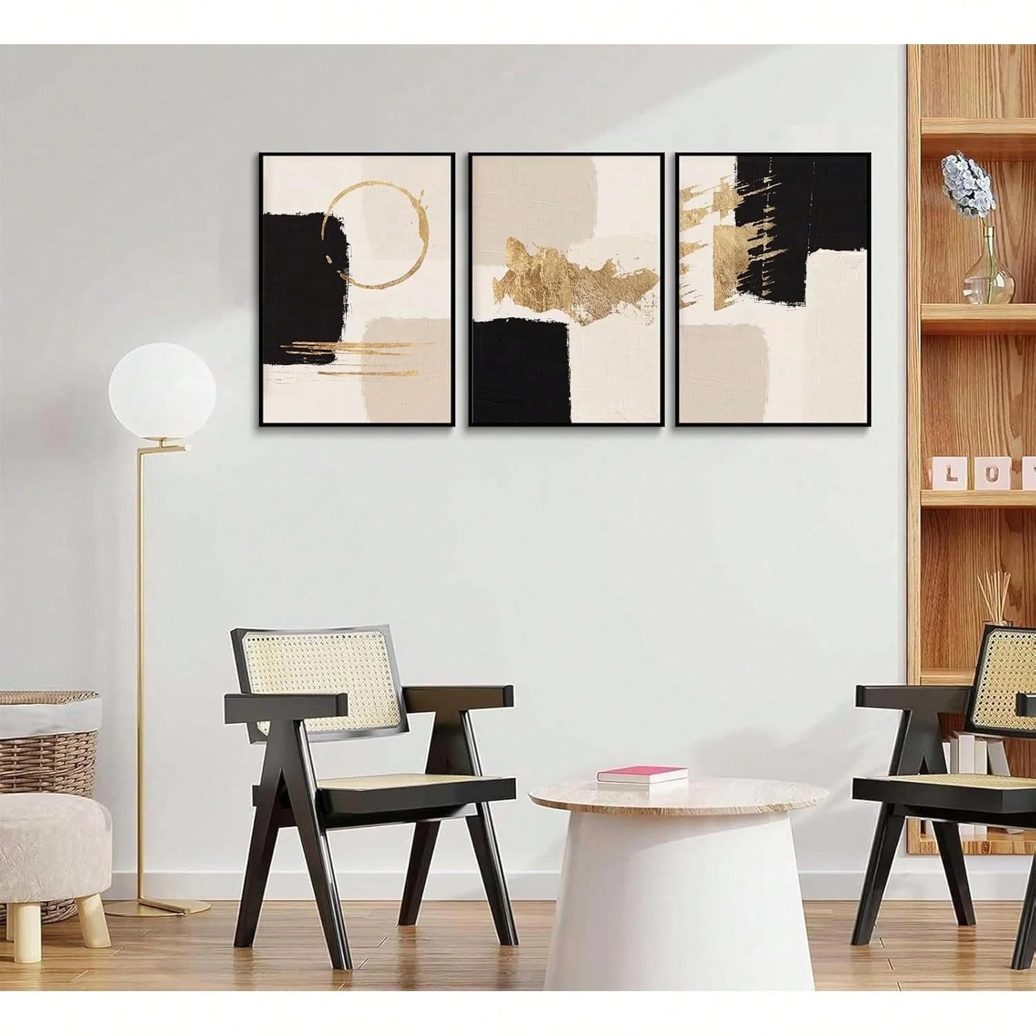 UUDEZO 3 szt. Czarno-złoty obraz ścienny artystyczny geometryczny druk na płótnie, nowoczesny beżowy obraz dekoracja ścienna do salonu (70 x 90 cm (28 x 35 cali) x 3)