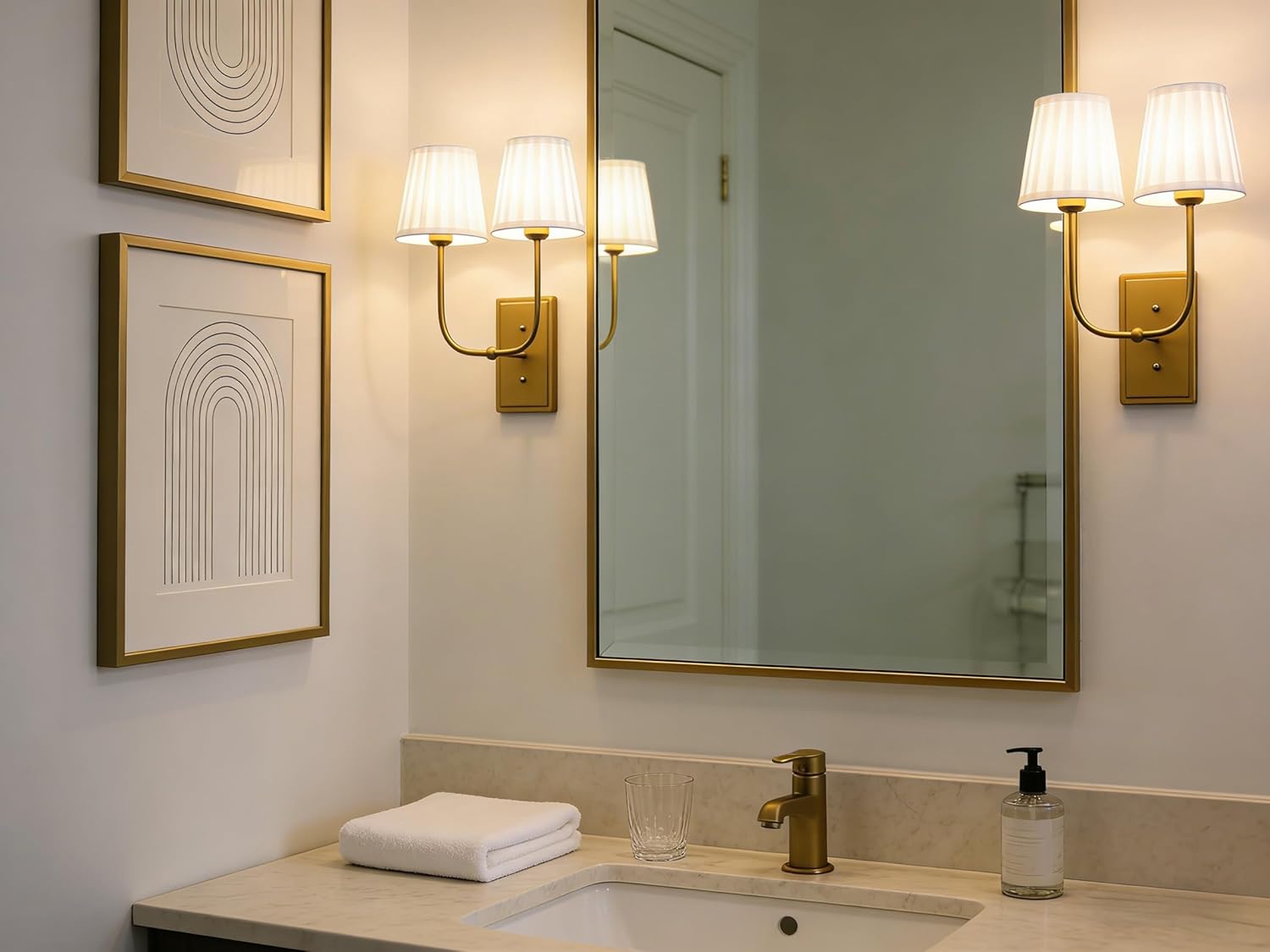 Vintage 2-Lights Wall Sconces with Funnel White Pleated Fabric Shades, Double Head Bathroom Vanity Lights Fixture, Indoor Wall Lamps for Bedroom Living Room Dining Room Hallway