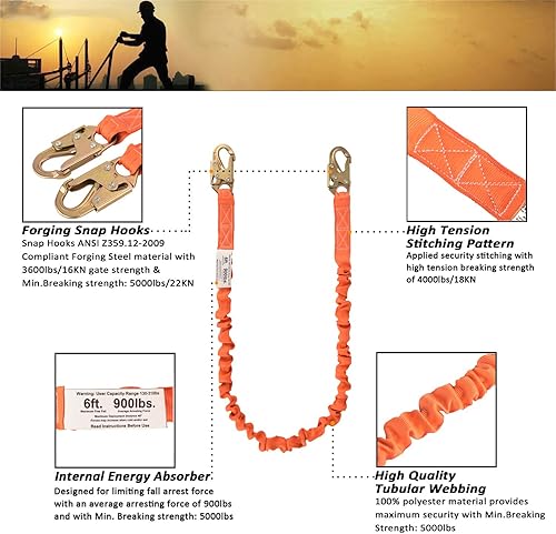Miniatura 4 de Cordón interno de retención de impactos de 6 pies con conectores de gancho de doble forja con conectores de gancho a presión ANSI Z359.13-2013