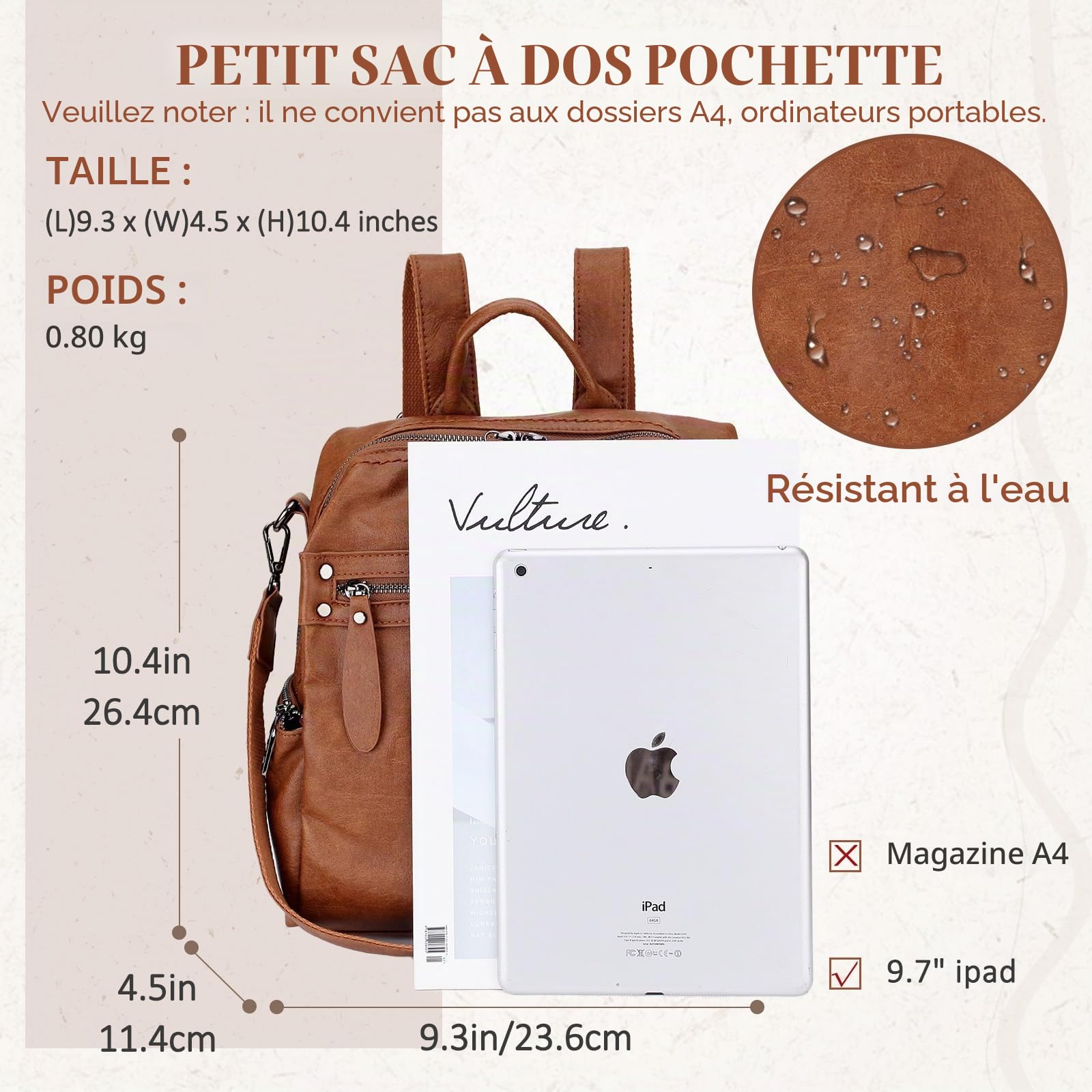 Sac à Dos Femme en Cuir PU Convertible en 2 Façons de Transporter un Sac à Bandoulière de Voyage pour Travail Scolaire