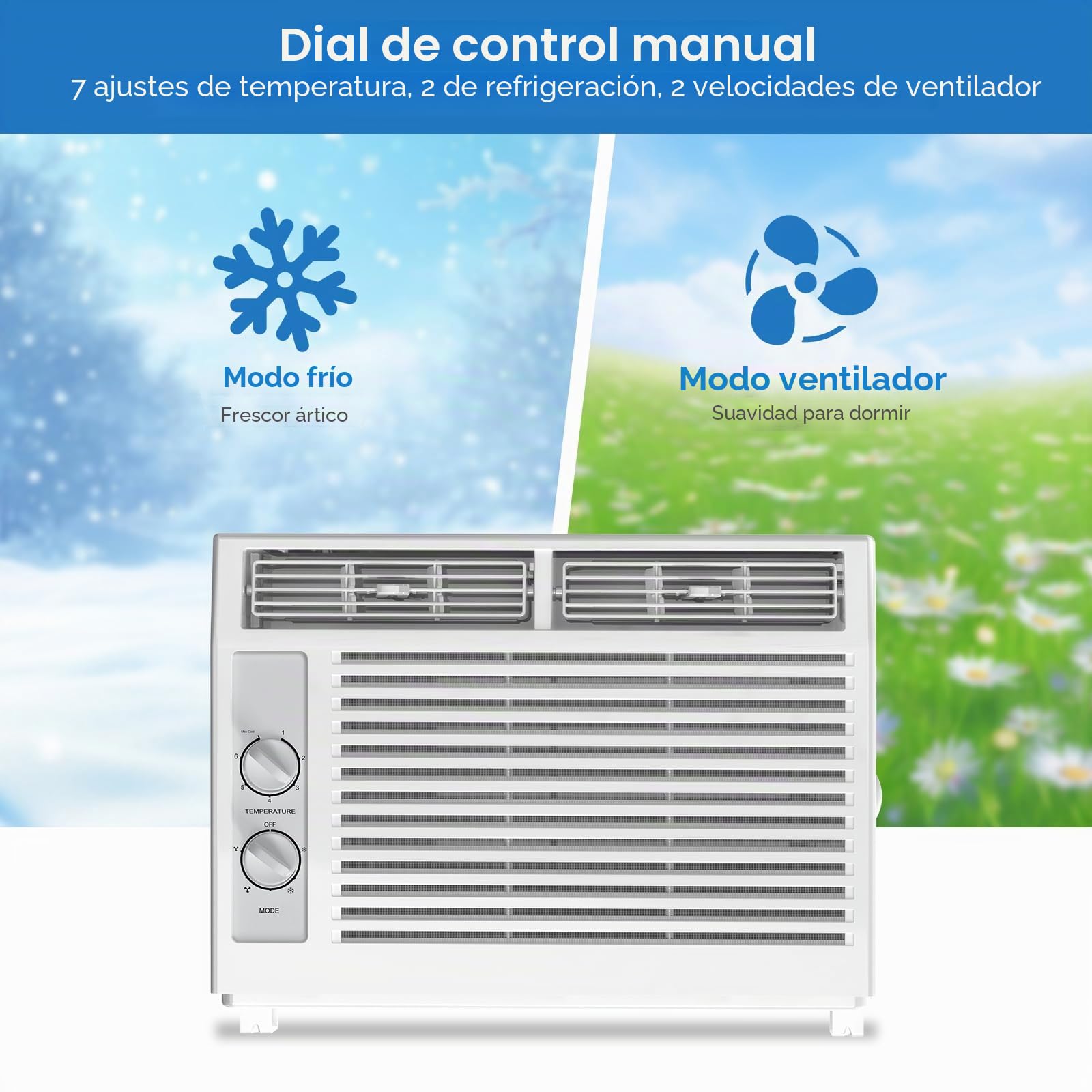 Electactic 5000 Btu aire acondicionado para ventana, unidad de ventana de CA de hasta 150 pies cuadrados, 2 velocidades de enfriamiento y ventilador, 51DB ultra silencioso, controles mecánicos, aire