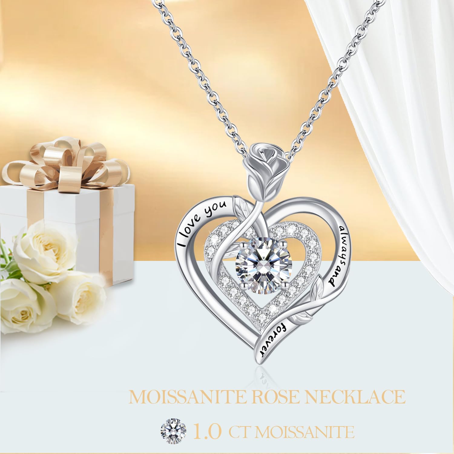 LAVUMO Moissanite Halskette Damen Silber 925 Herz Rose Schmuck Geschenke | Kette Damen Gold/Rosegold/Silber Doppel Rose Anhänger Weihnachten Valentinstag Geburtstag Geschenke für Frauen Freundin Mama
