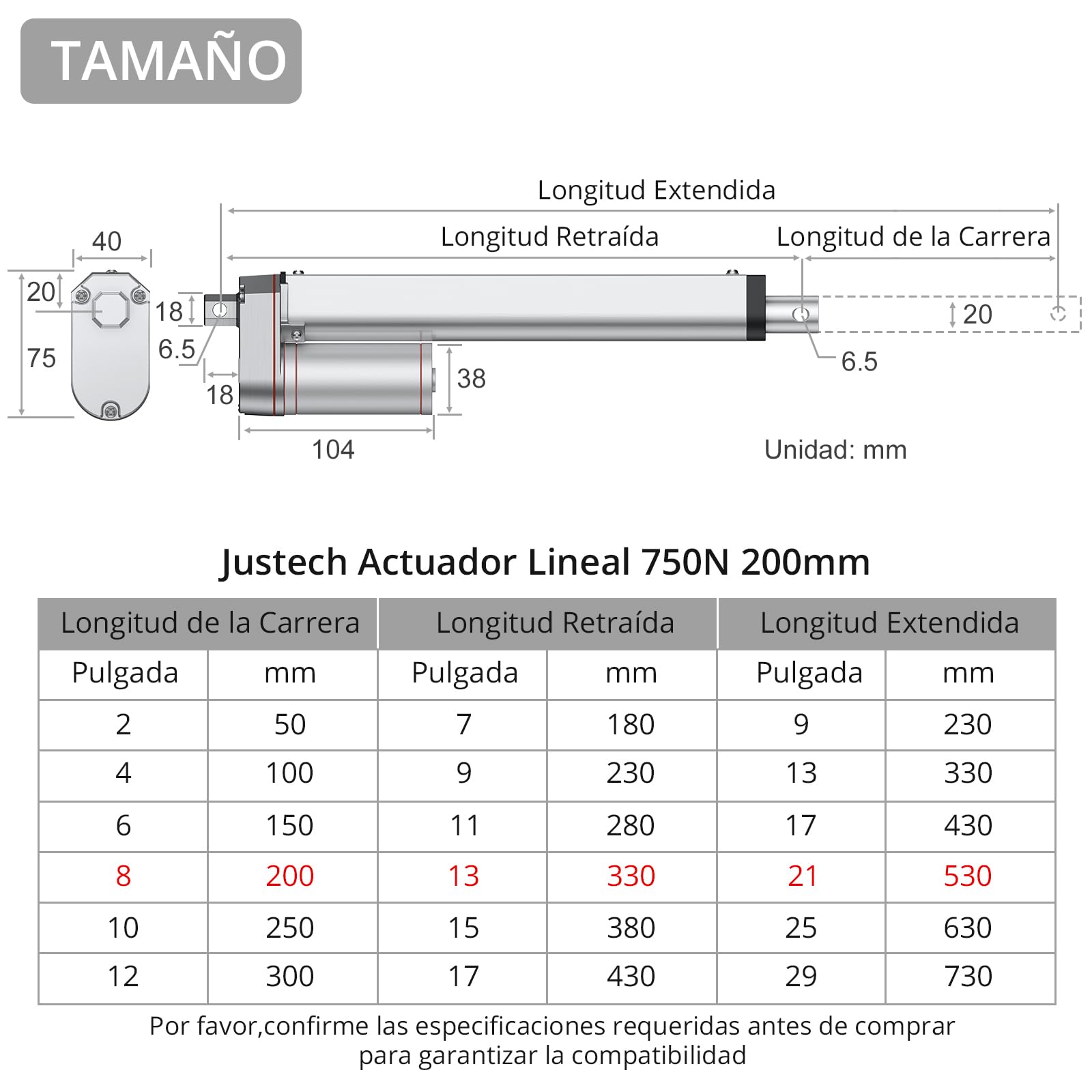Justech DC 12V Actuador Lineal Motor 750N 200mm para Auto RV Abridor Eléctrico de Puerta Construcción de Maquinaria Agrícola Industrial Vehículo de Barrido Limpios Buques de Carga y Otra Aplicación