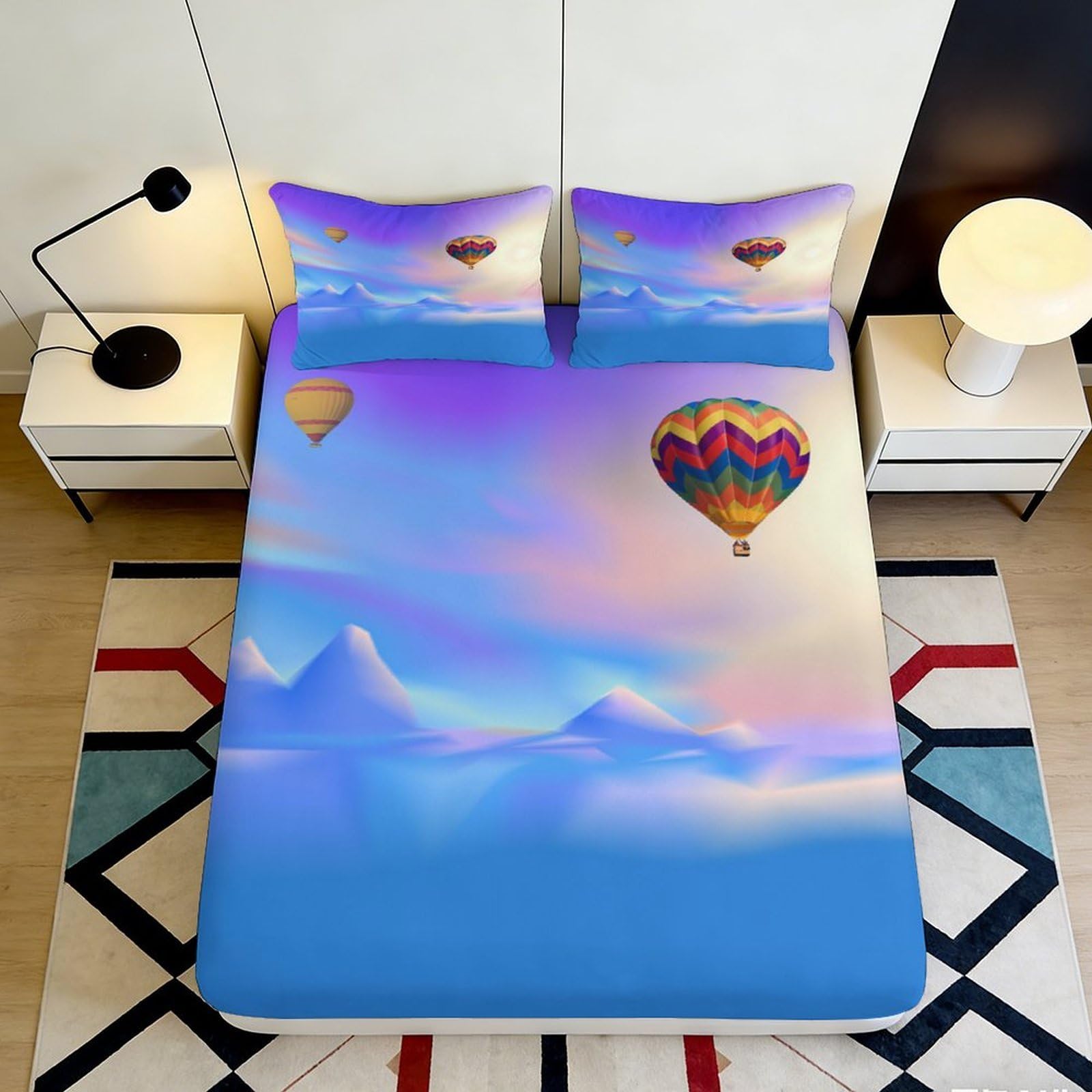 Jqzkxnhpbr Style-4 3D Printed Hot Air Balloon Fitted Sheet Microfiber Soft Blue Sky Mountain Mattress Cover Bedroom Decor 90X200x25cm