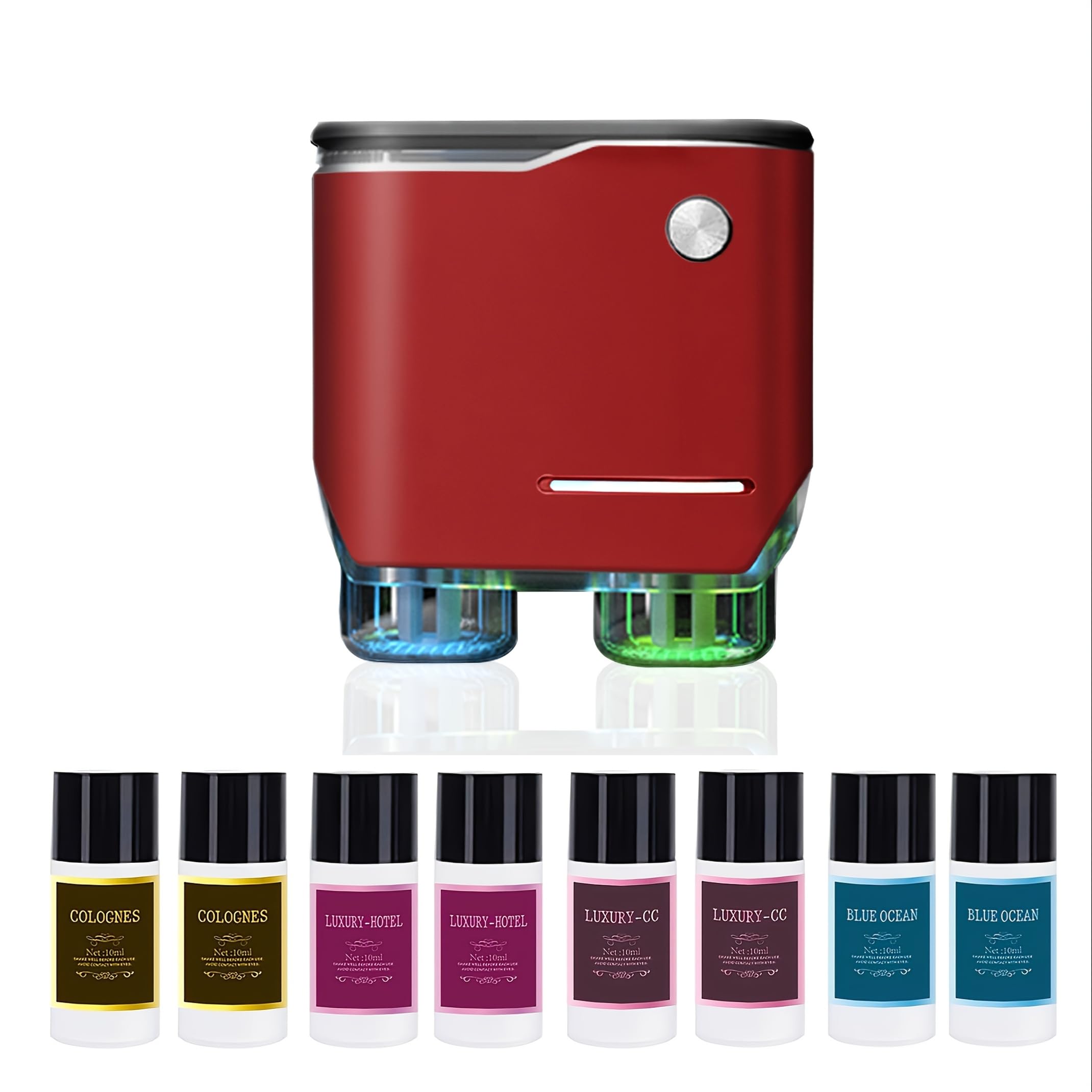 Automatischer Aroma Diffuser Lufterfrischer Auto – Duftzerstäuber Set mit 10 Duftölen zur Aromatherapie (SP-Rot)