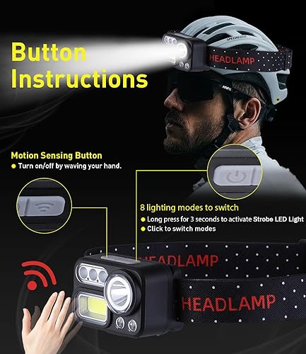 Miniatura 4 de Linterna frontal recargable de 1200 lúmenes, luces LED recargables con sensor de movimiento con luz roja, luces de cabeza de 14 modos para la