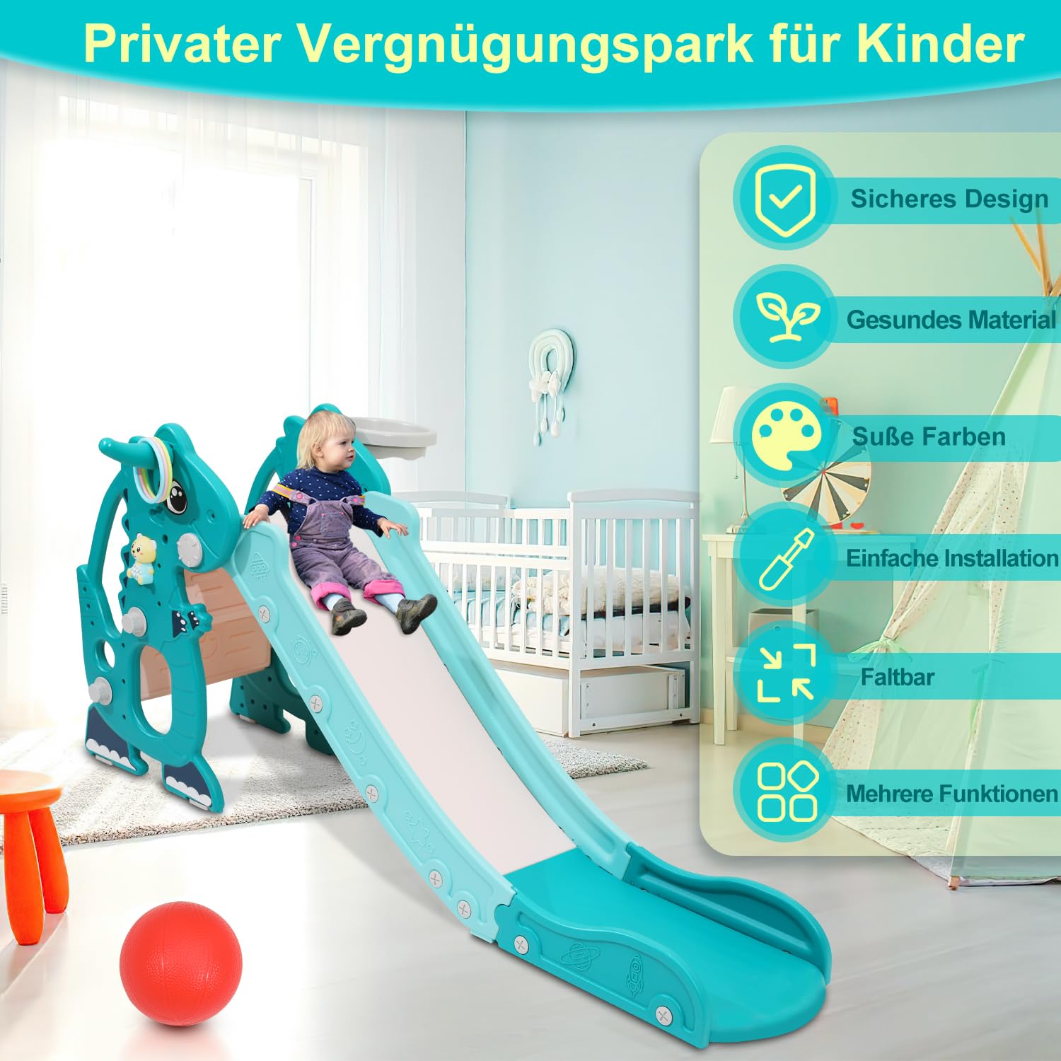 Fiqops Kinderrutsche 4-in-1 Faltbar mit Basketballkorb, Indoor Outdoor Baby Rutsche 145x38x67 cm bis 35 kg Grün