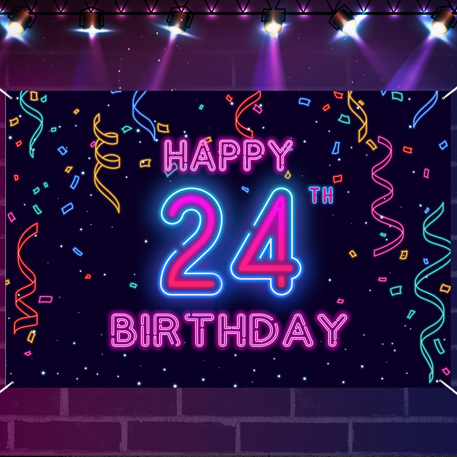 24th Neon Happy Birthday Banner Let’s Glow Banner Backdrop Decorations for Girls Boys Women Men Cheer to 24 Years Neon Themed Birthday Party Photography Background Glow Party Supplies — image 1