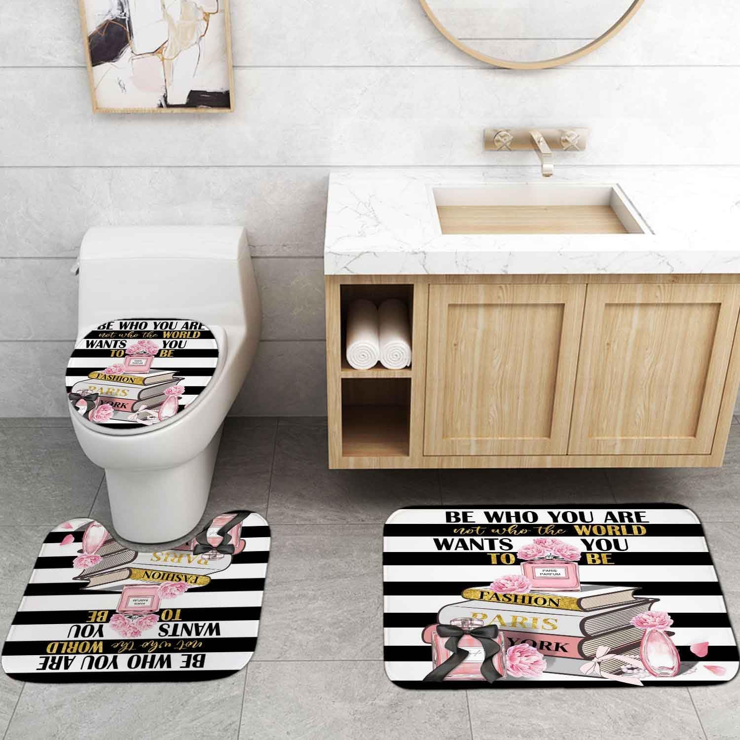 4PCS Fashion Shower Curtain Sets with Rugs, Waterproof Fabric Shower Curtain, Inspirational Quotes Magazines Pink Floral Perfume Makeup Modern Black and White Striped Girl Woman Bathroom Decor