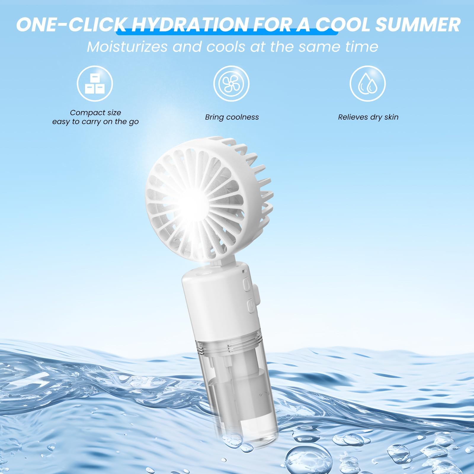 مروحة صغيرة محمولة مع بخاخ ماء - مروحة محمولة قابلة لاعادة الشحن بمنفذ USB مع 4 سرعات وتصميم قابل للطي وزجاجة مياه سعة 55 مل - مروحة مكتب قوية للسفر للعطلات، ابيض صورة المنتج 4