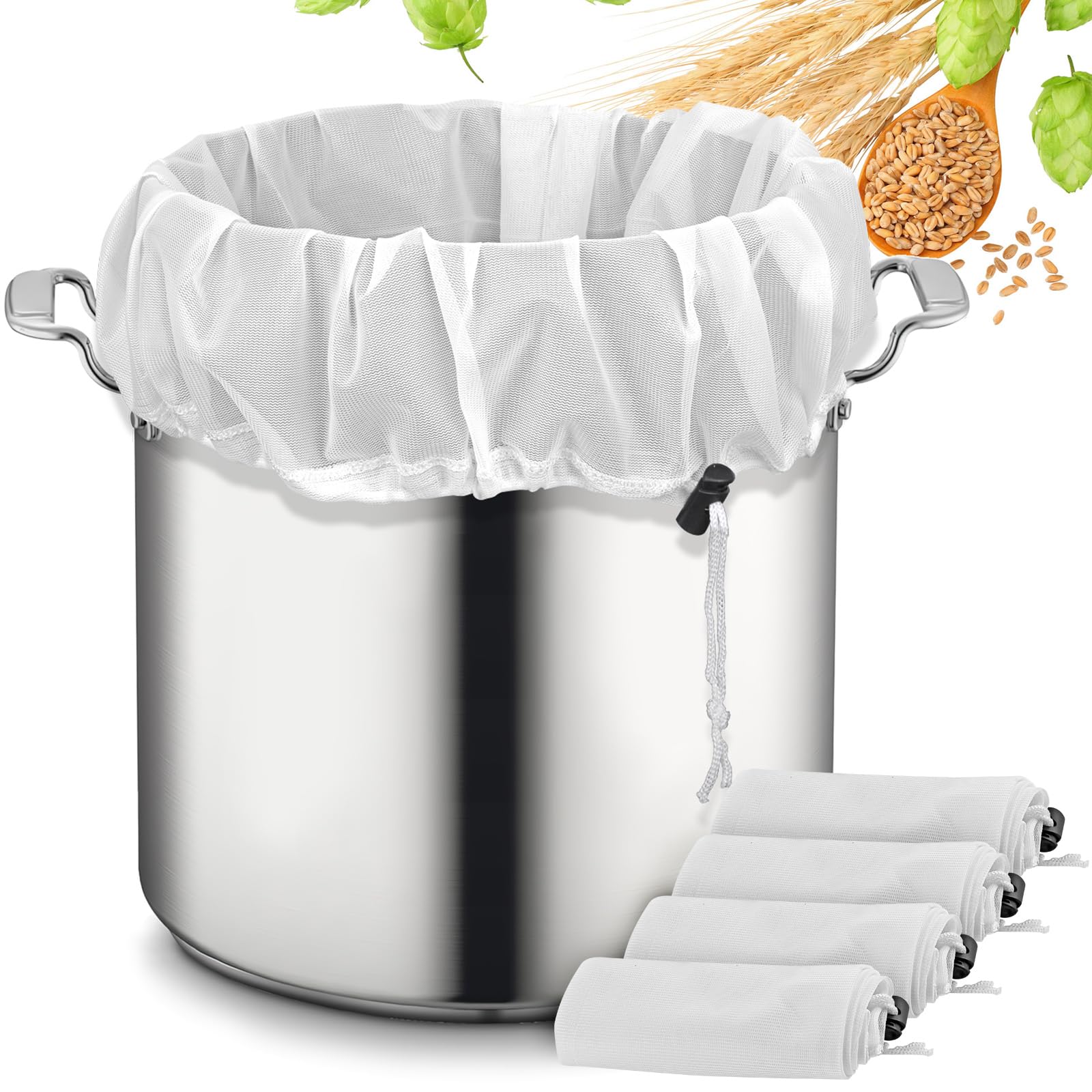 Brew Bags, 4 Pack Extra Large Reusable Straining Bag, 26"x22", 250 Micron Fine Mesh Strainer Bag with Adjustable Drawstring for Home Brewing Hops Grains Fruit Wine Beer Making Brew in a Bag Supplies