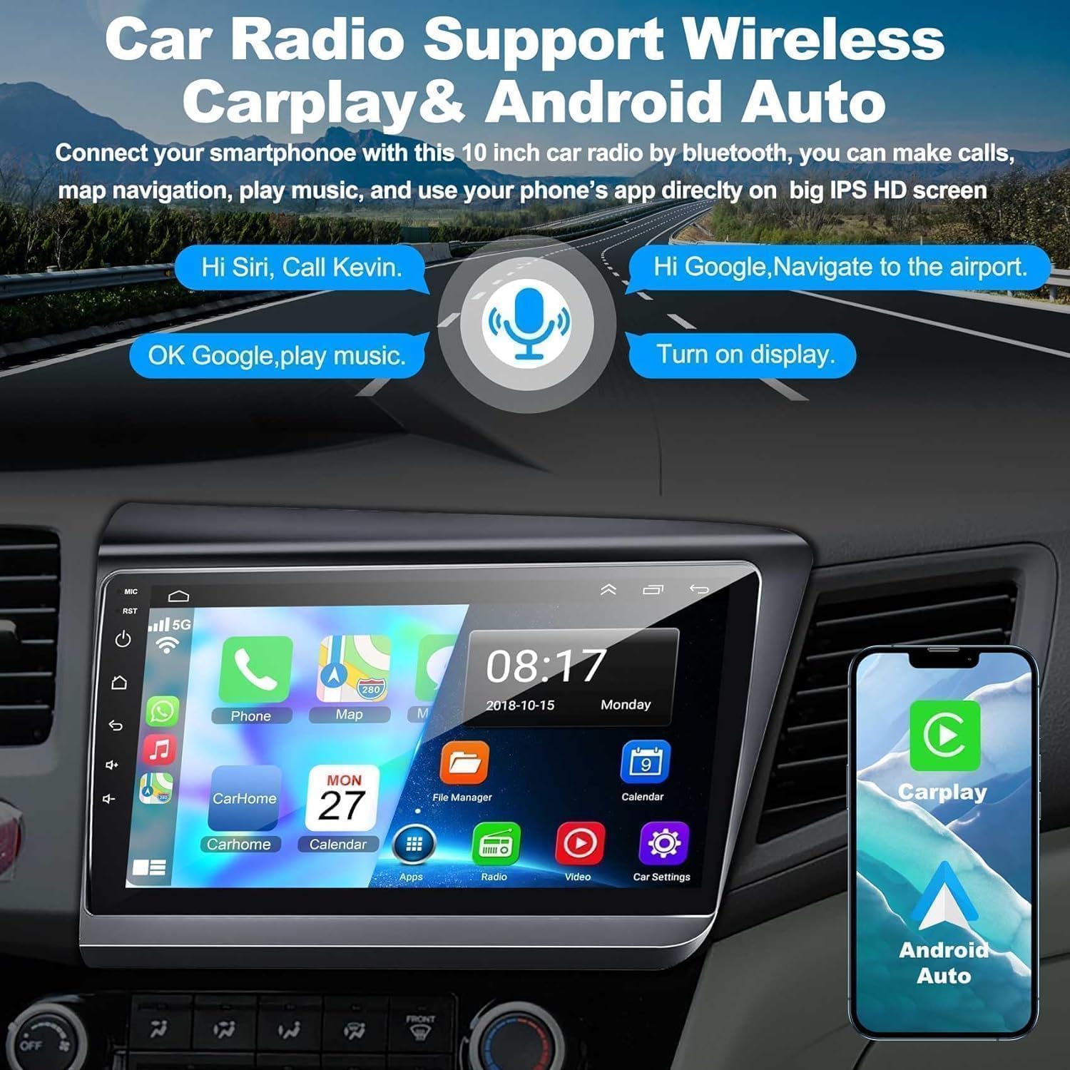 Car Radio Stereo for Honda Civic 2012 2013 2014 2015, Build in Wireless/Wire Carplay & Android Auto Support Bluetooth, Back-up Camera,FM Radio,SWC,9 Inch QLED Touch Screen