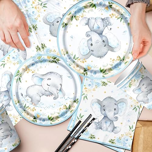 Miniatura 4 de 142 piezas de decoración de elefante azul para baby shower para niño, juego de platos y servilletas con tazas, tenedores, mantel y pancarta,