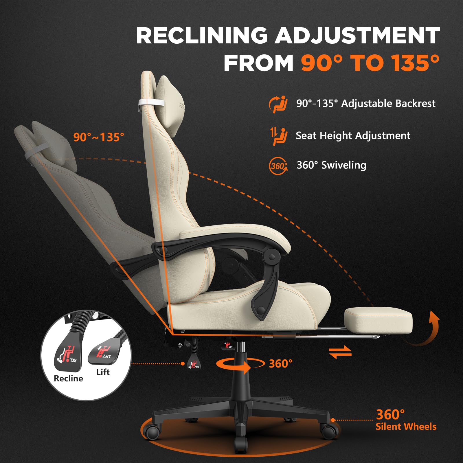 Ferghana Silla Gaming Ergonómica,Silla Juegos Altura Regulable Basculante con Reposacabezas,Cojín Lumbar,Reposapiés,Silla de Oficina con Respaldo Regulable,Rotación de 360°,Bianco