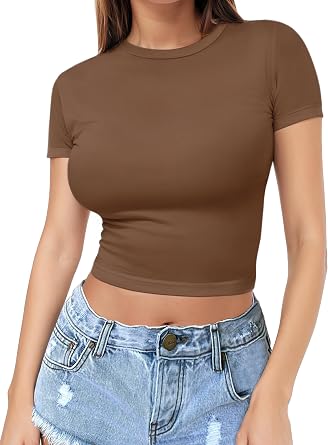 Womens Short Sleeve Crop Top Crew Neck Y2K Shirt Sexy Slim Fitted Casual Base Layer Soft Workout Shirt Going Out Tops