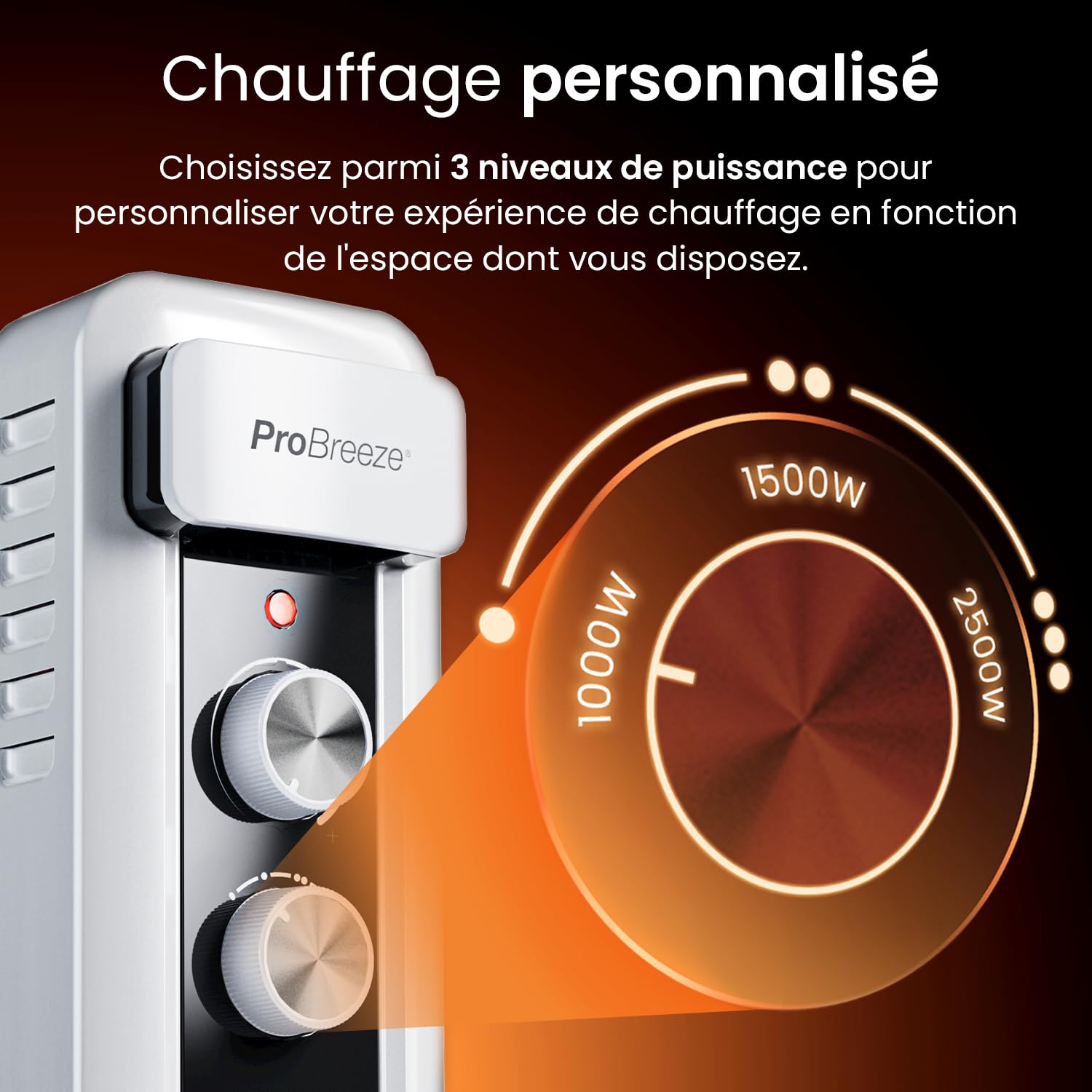 Pro Breeze Radiateur bain d'huile 2500W, 11 éléments - Radiateur électrique mobile - Chauffage avec Minuterie 24 heures intégrée, 3 niveaux de chaleur, thermostat réglable, arrêt de sécurité