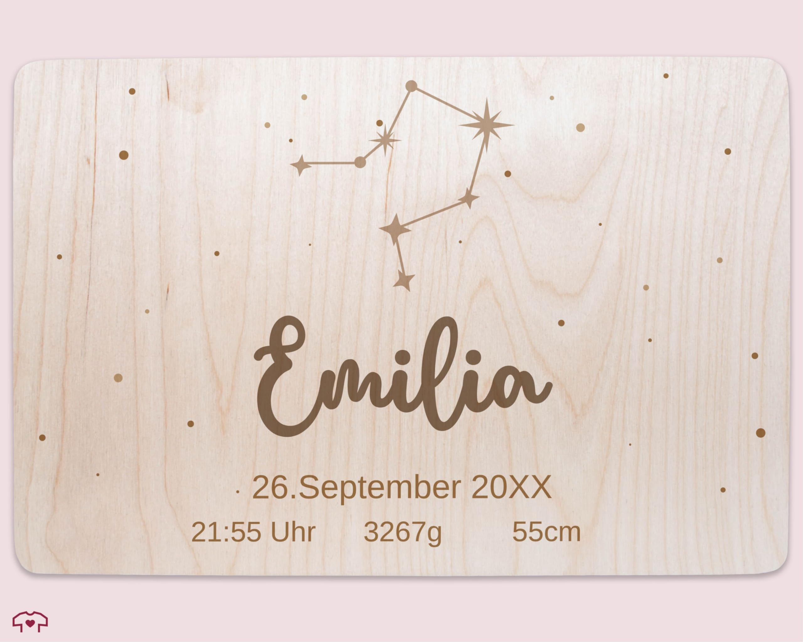 Holz Erinnerungsbox Geschenkbox Holzkiste - Zur Geburt - Sternzeichen mit Datum und Geburtsdaten - personalisiert Baby Geschenk Deko - 30 x 20 x 14 - Holz - babygeschenke erinnerungskiste