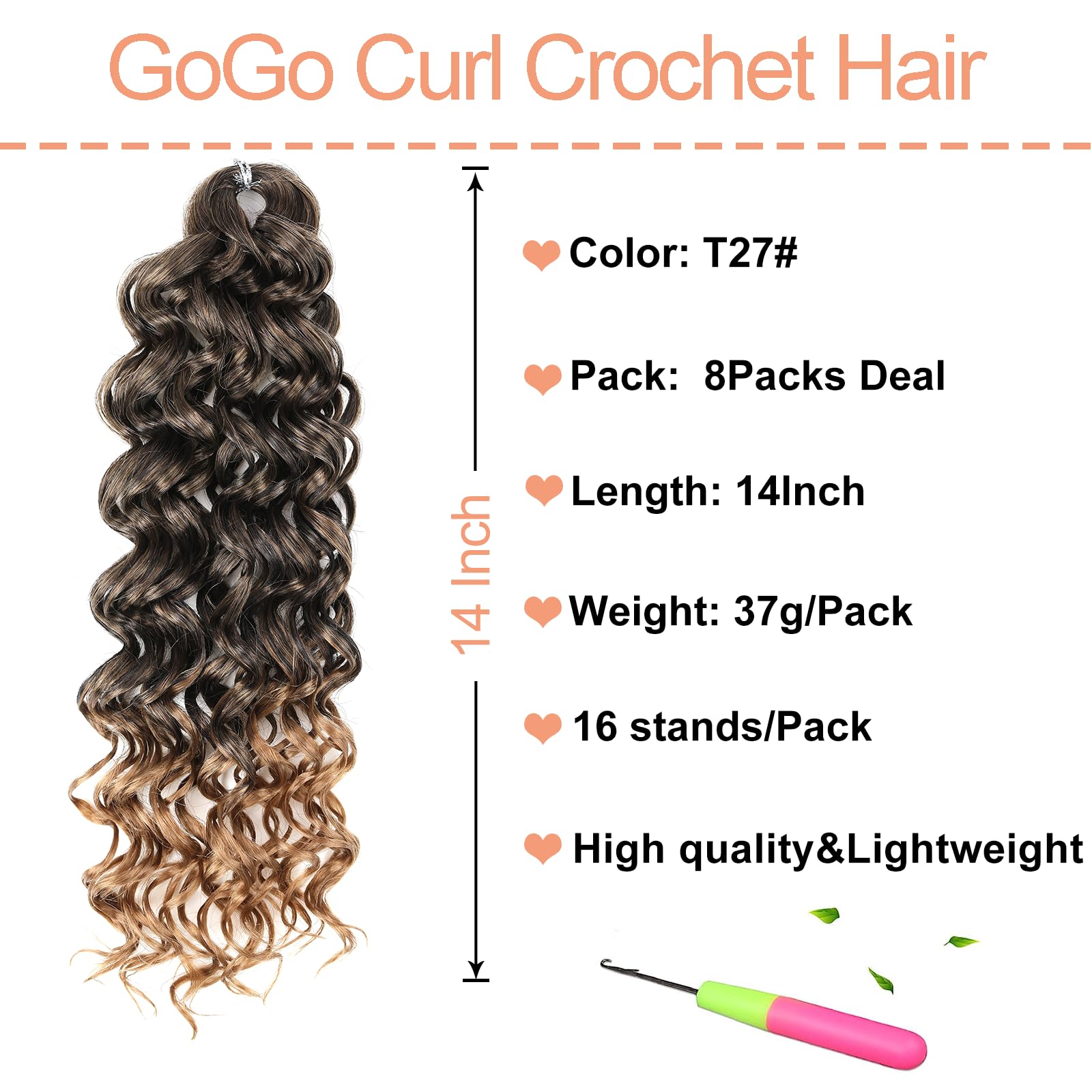 Mscat GoGo Curl Crochet Hair - 14 Inch Curly, Ocean Wave & Beach Curl Water Wave Deep Twist - 8 Packs Ombre Crochet Hair Extensions - Image 2