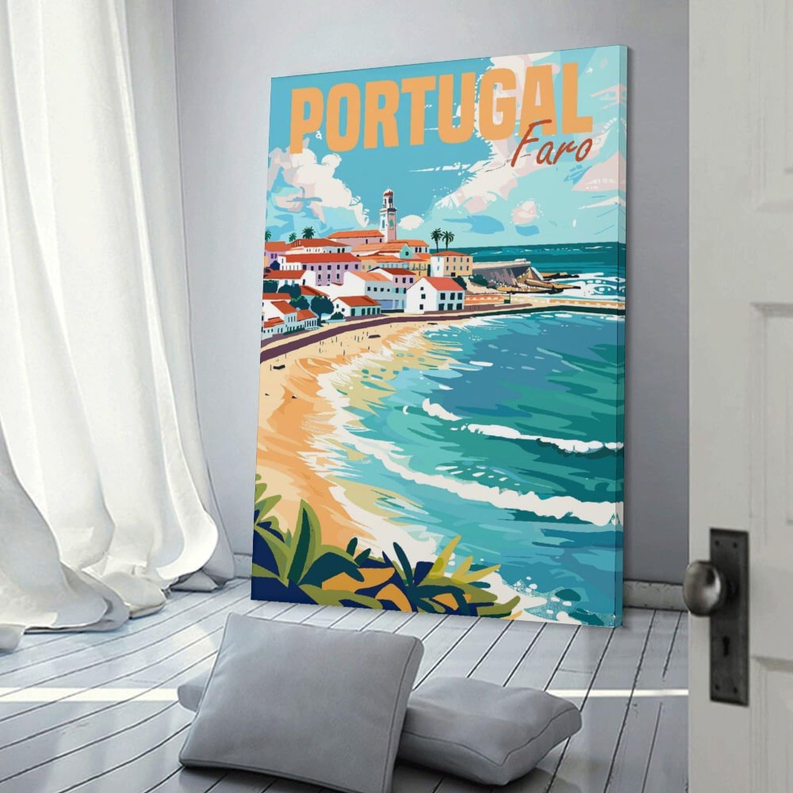 Junmoney Decorative Canvas Print Faro Portugal Travel, 24x36inch(60x90cm), for Entrance Spaces, Stair Walls Or Halls, A Neat Decor Update for Hallways